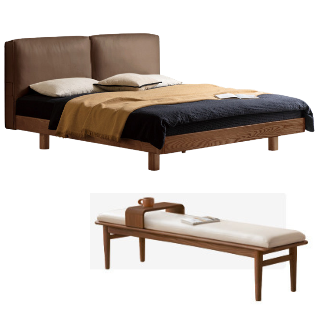 Ash Solid Wood Floating Bed — Modern Minimalist, Genuine Leather Upholstery