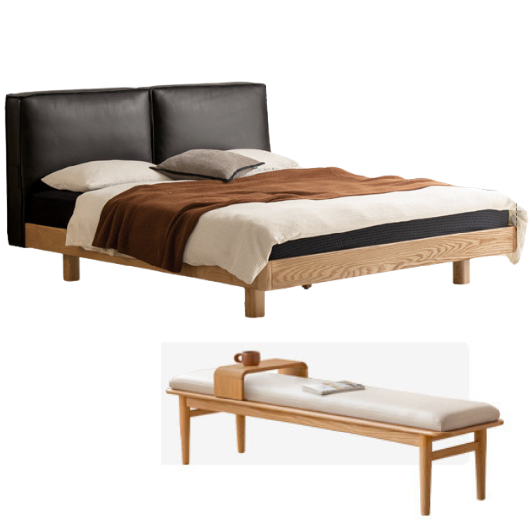Ash Solid Wood Floating Bed — Modern Minimalist, Genuine Leather Upholstery