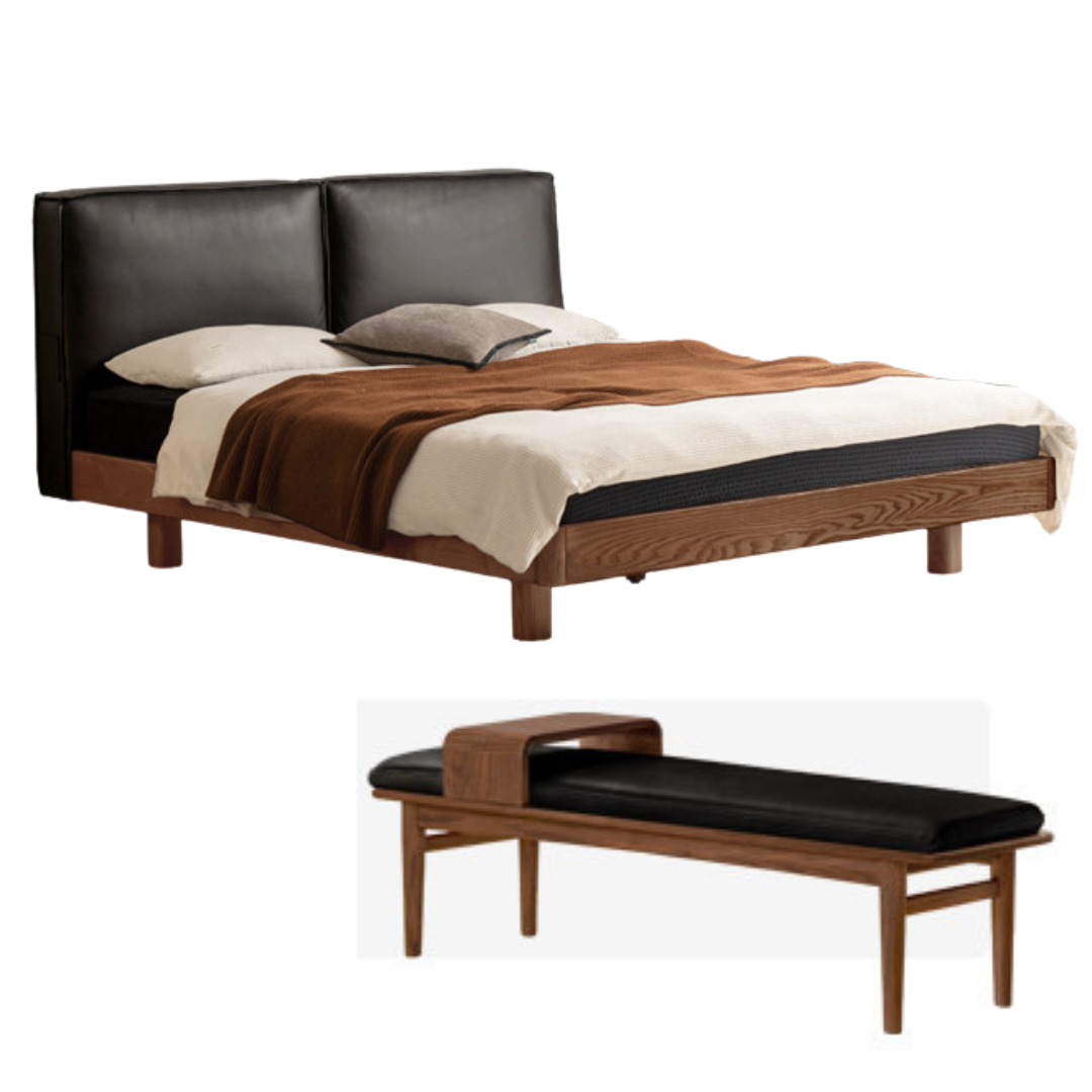 Ash Solid Wood Floating Bed — Modern Minimalist, Genuine Leather Upholstery