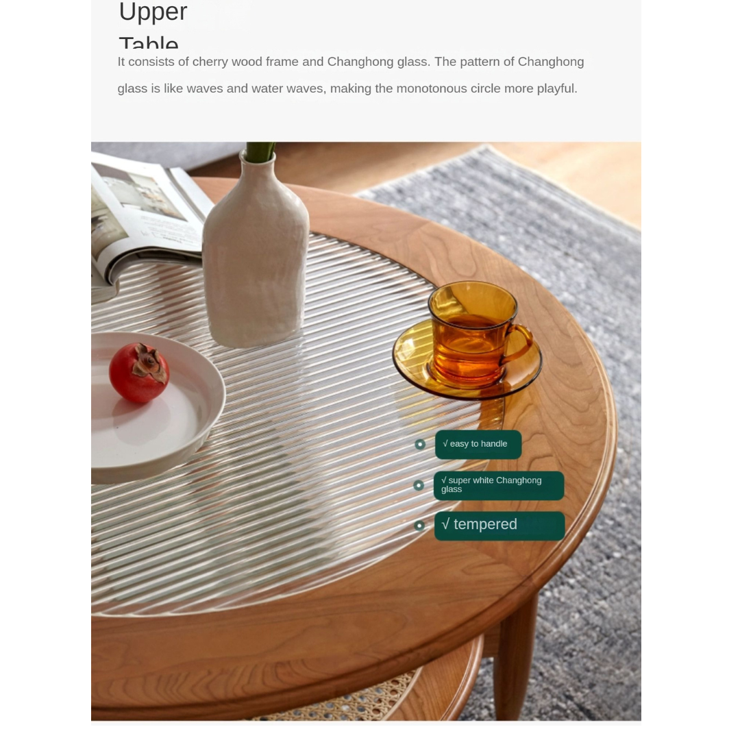 Cherry Wood Solid Wood Glass Round Coffee Table