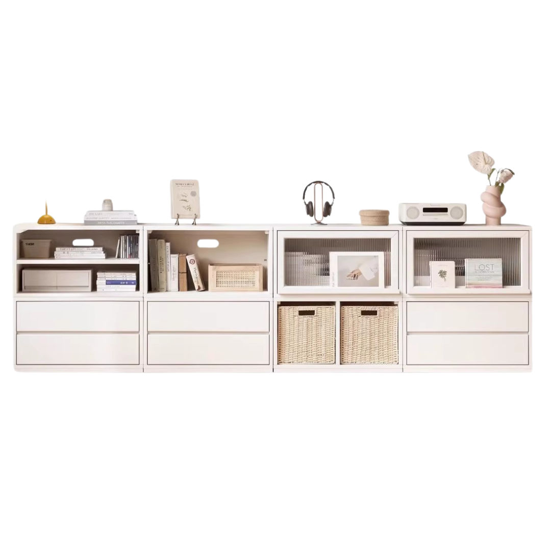 Poplar Solid Wood TV Cabinet Floor Cabinet Cream Style