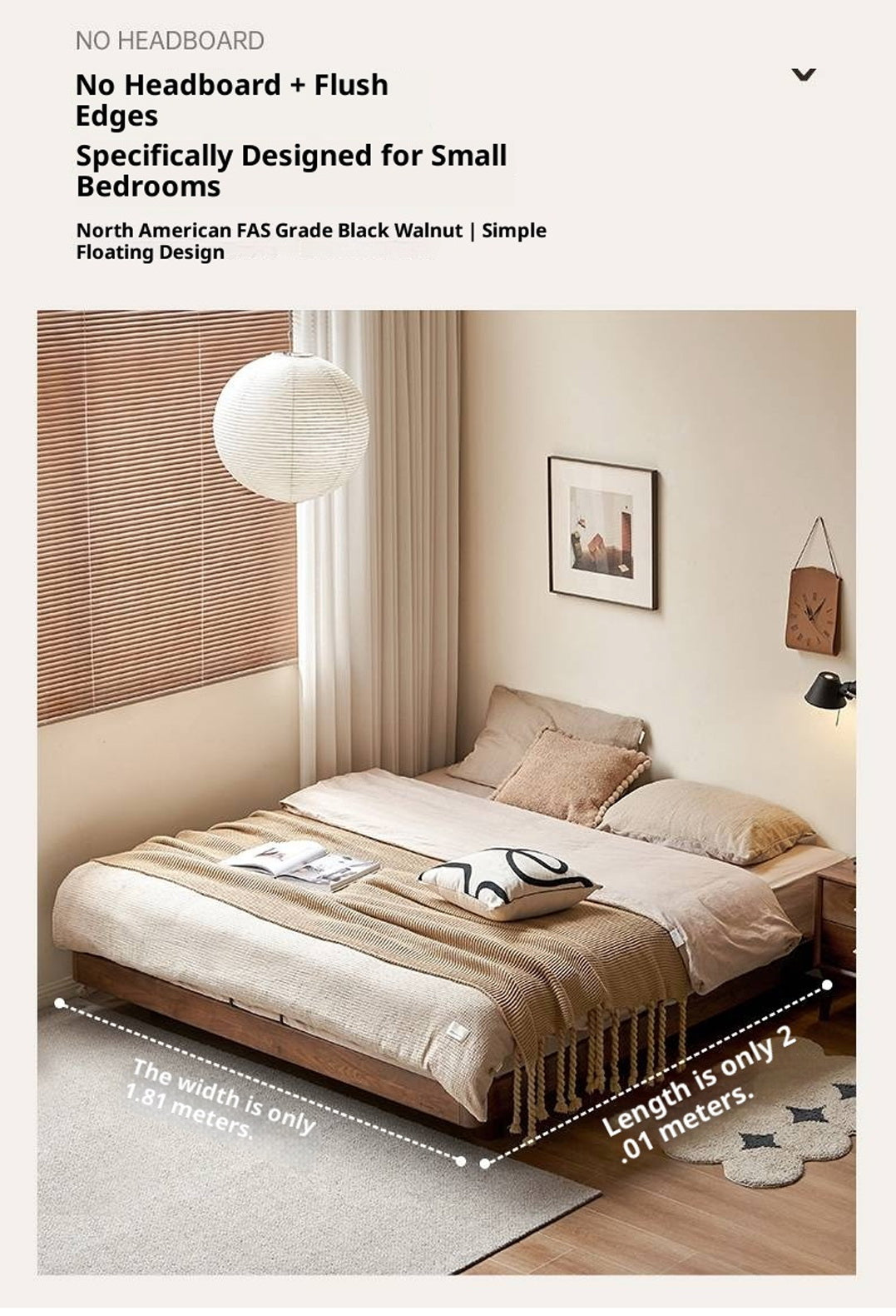 Black Walnut Solid Wood Platform Bed, Headboard-Free Bed