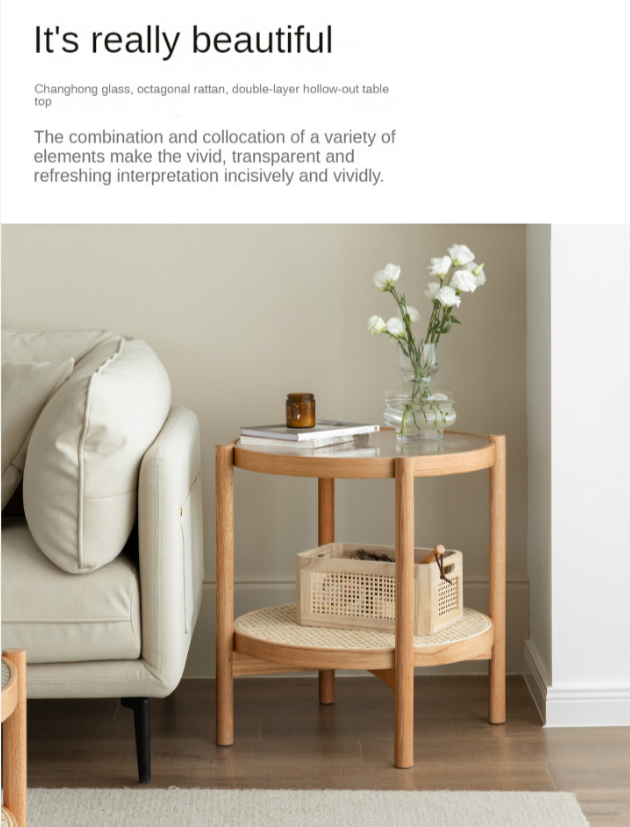 Oak Solid Wood, Glass, Rattan Coffee Table