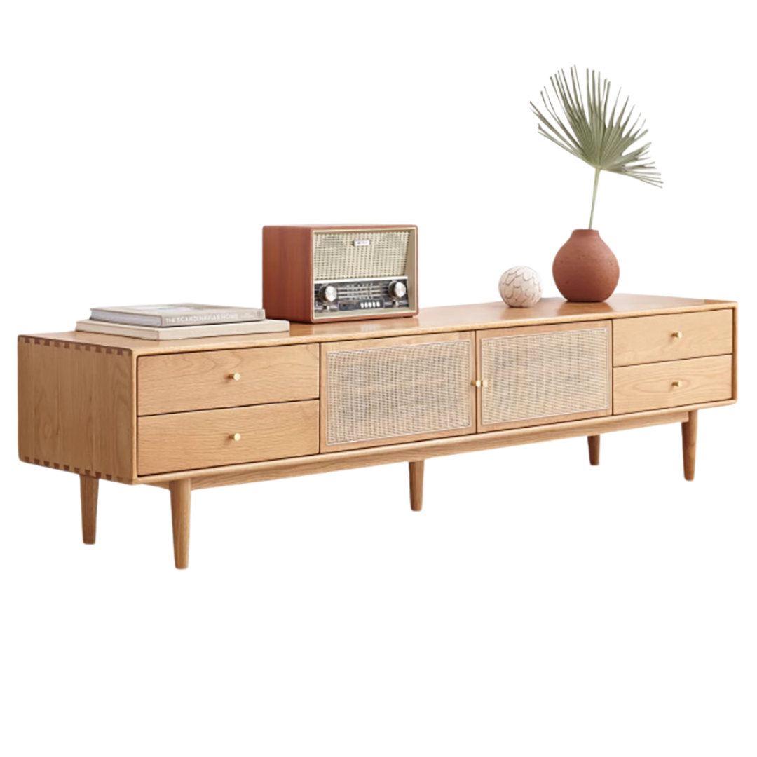 Oak Solid Wood Rattan TV Cabinet