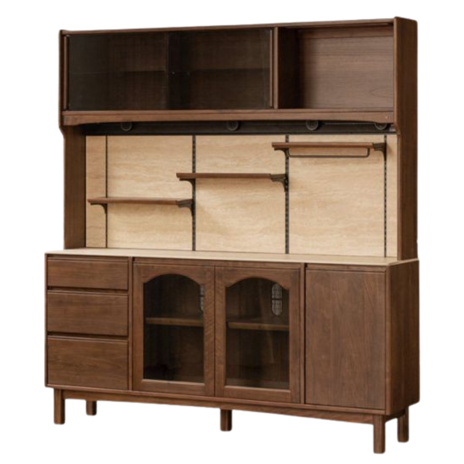 Black Walnut Solid Wood Buffet Cabinet with Retro Style and Rock Board Surface