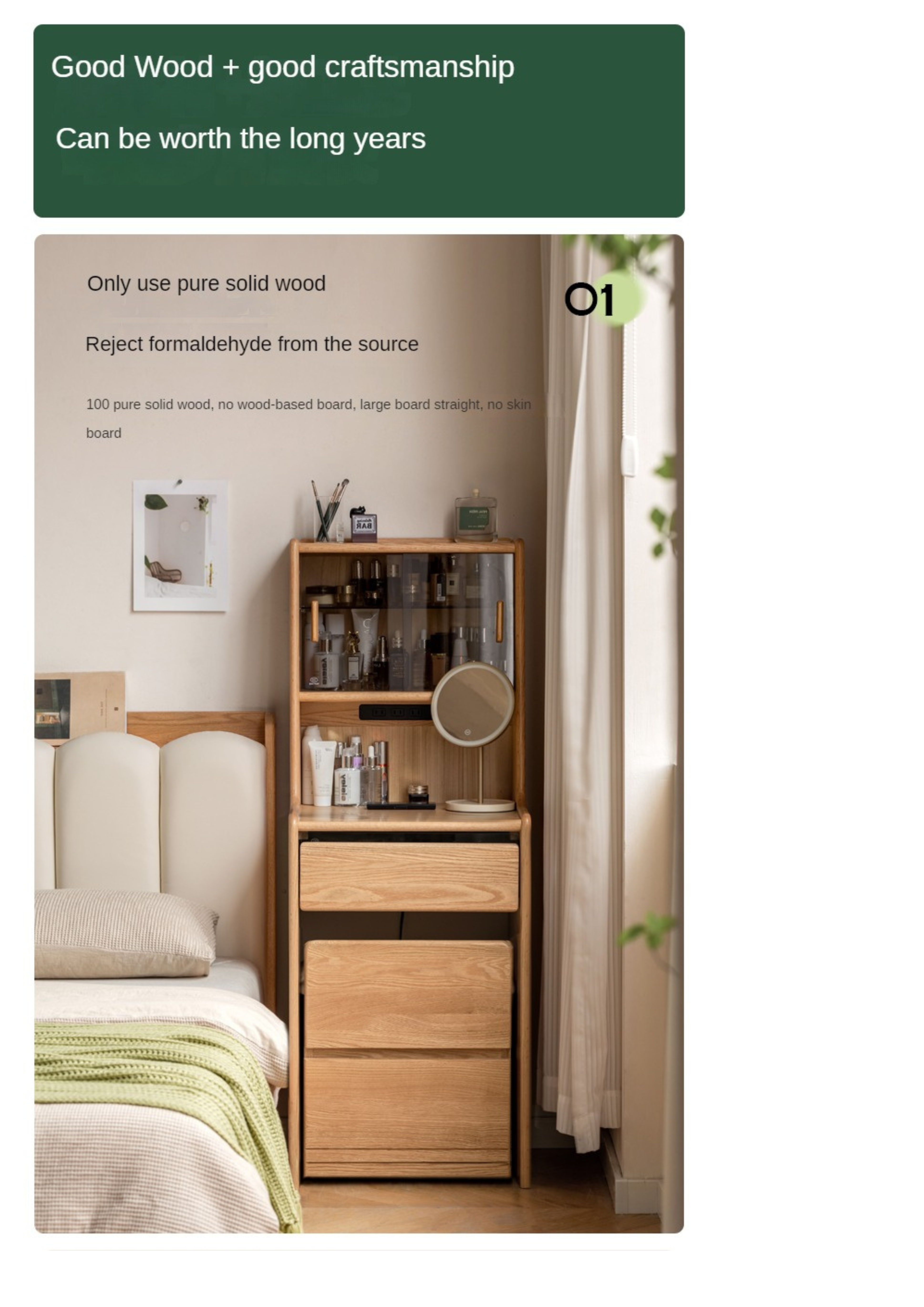 Oak, Solid Rubberwood Modern Dressing Table.