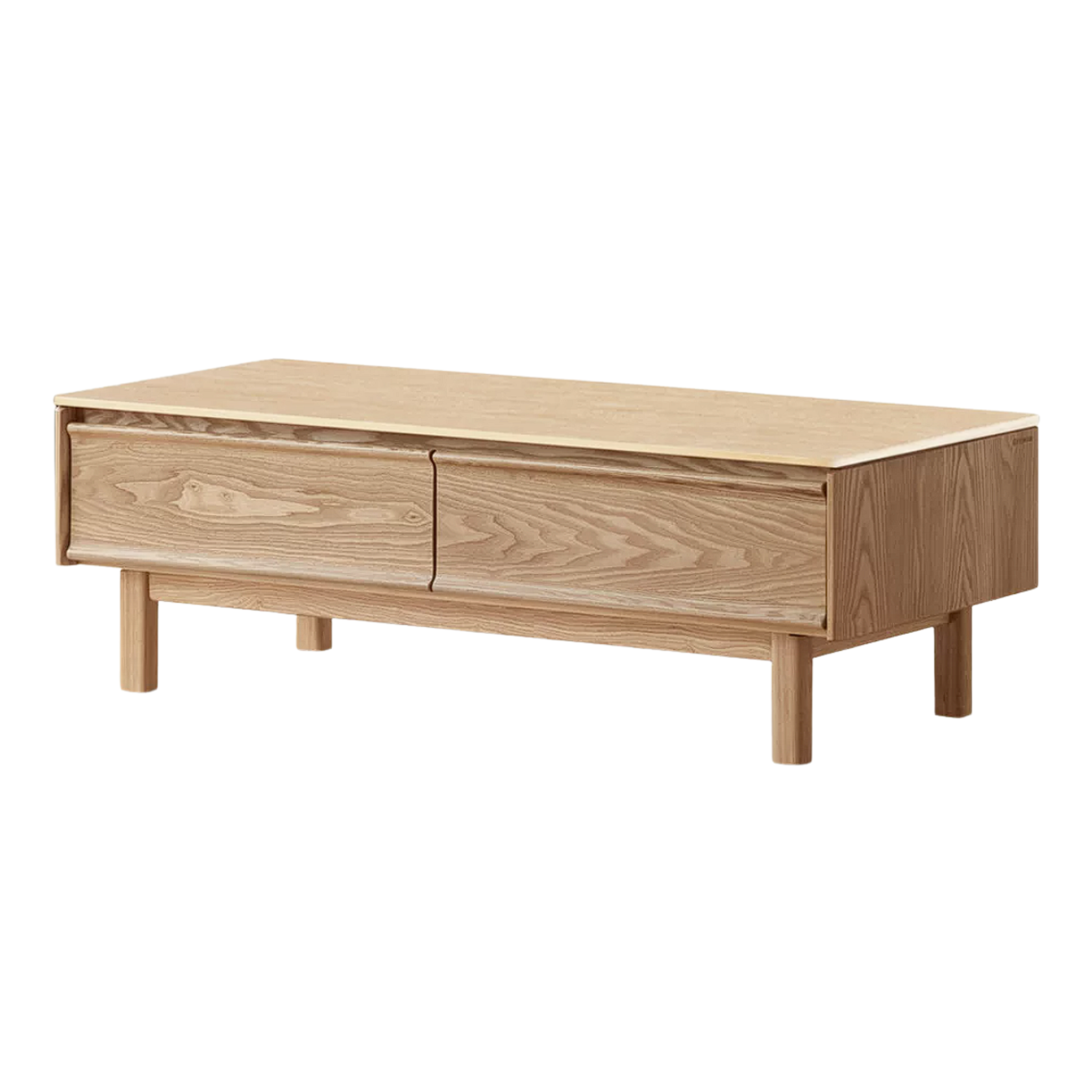 Ash Solid Wood Coffee Table with Beveled Edge, Two Drawers, Tapered Legs