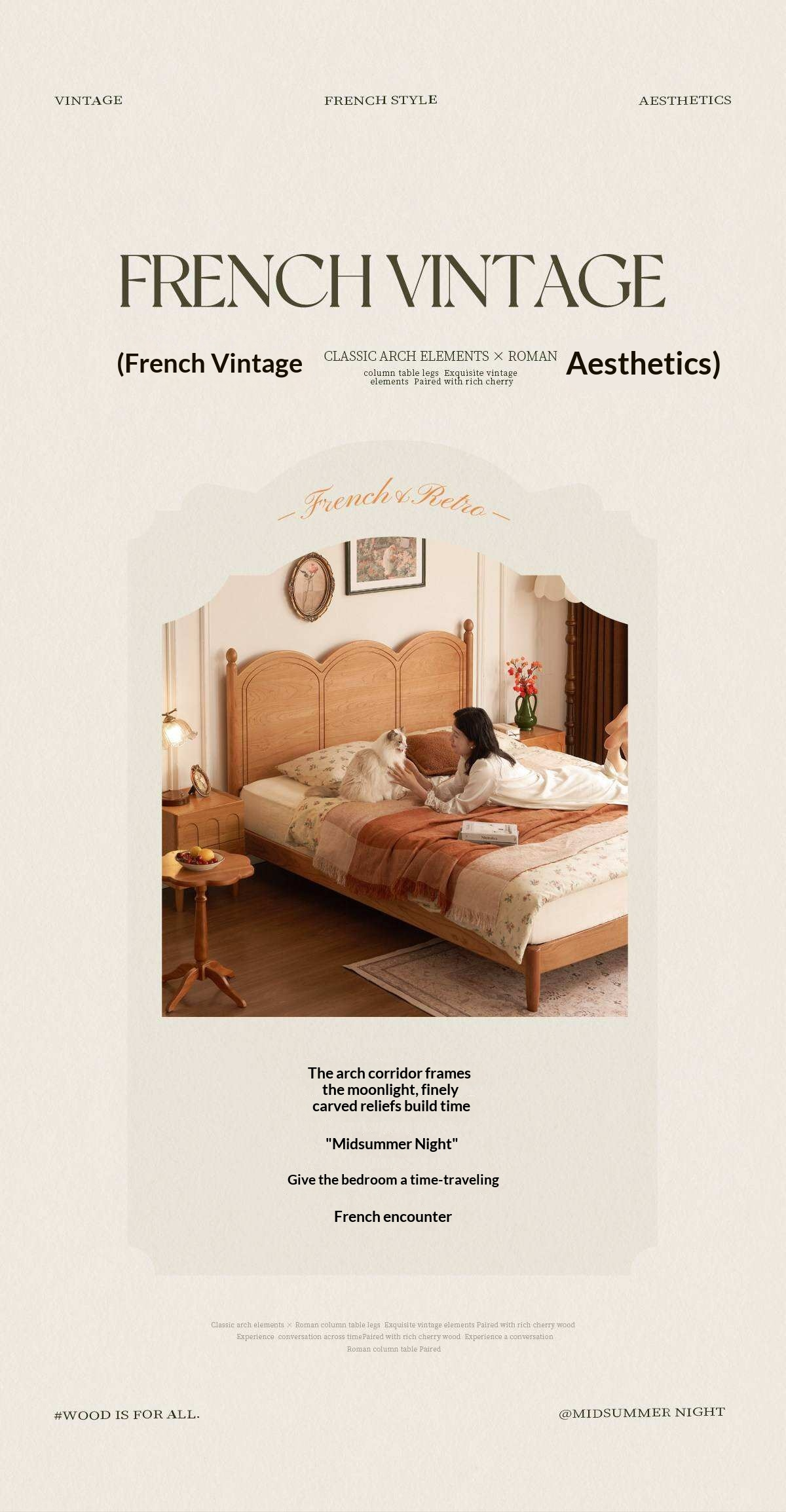 Cherry Solid Wood French Country Arched Platform Bed with Spindle Legs