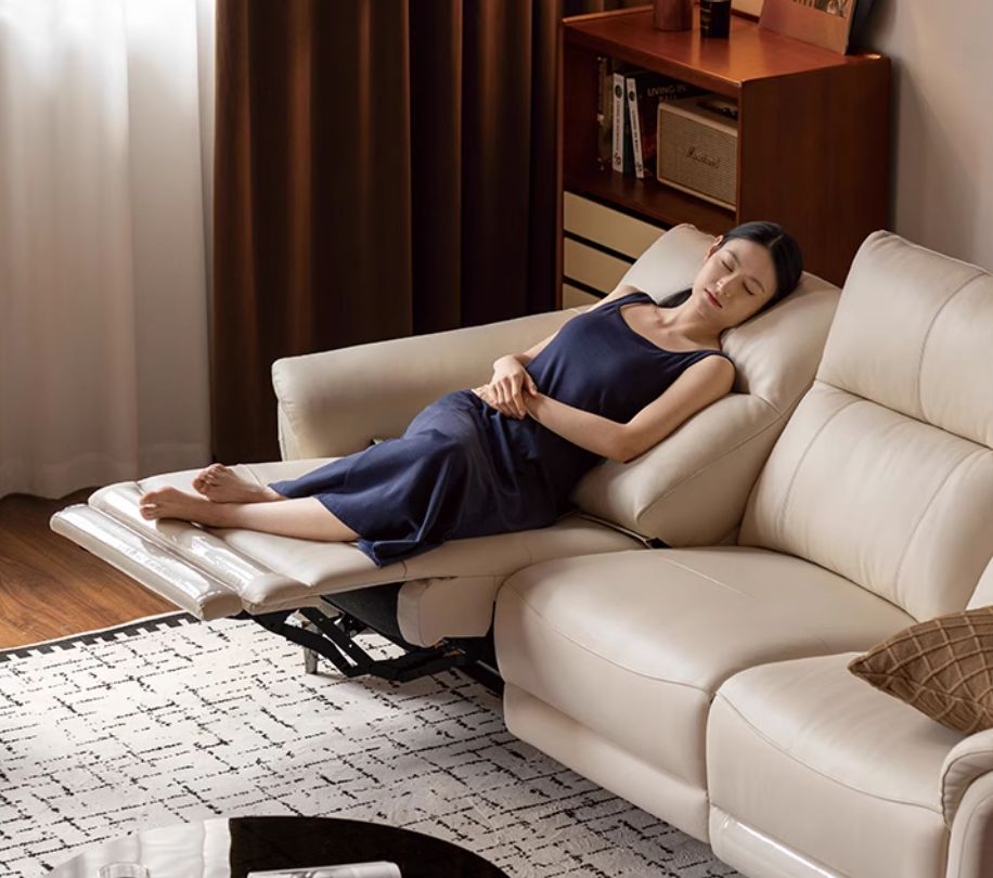Pine Solid Wood Leather Sofa Cream Style Functional Electric