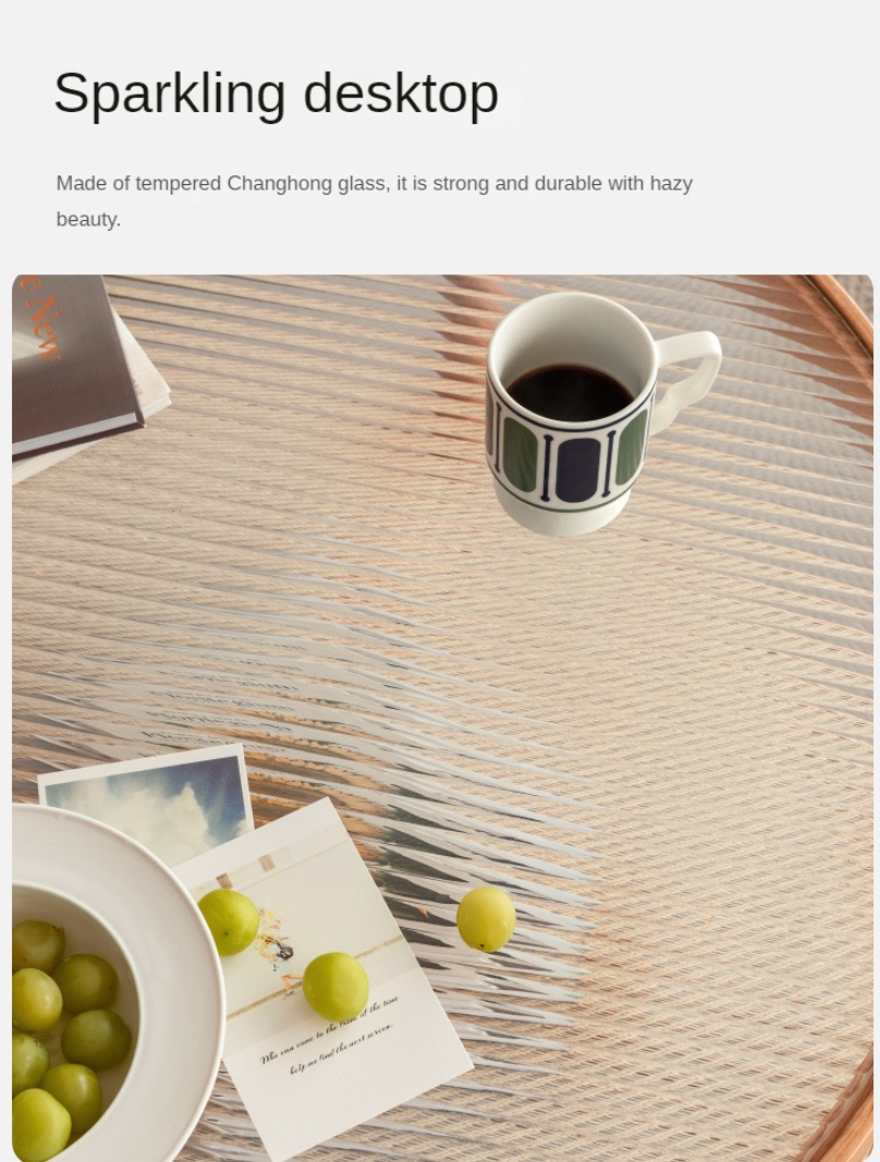 Oak Solid Wood, Glass, Rattan Coffee Table