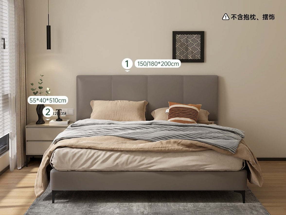 Genuine Leather Cowhide Bed Light Luxury Style Bedroom Complete Set of Furniture.