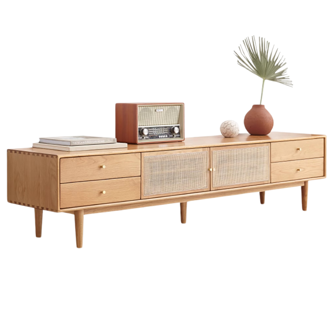 Oak Solid Wood Rattan TV Cabinet