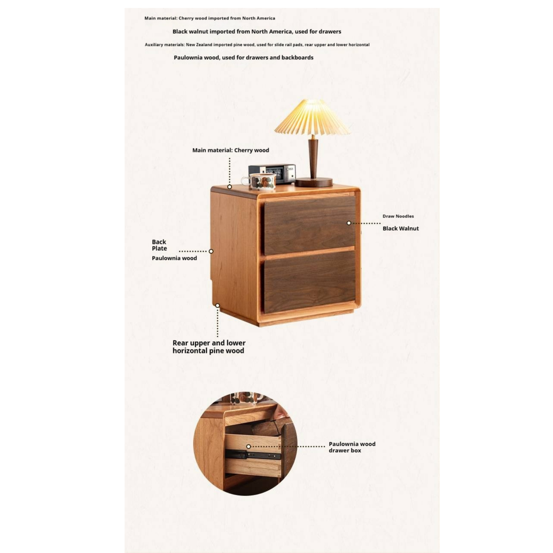Black Walnut, Cherry Solid Wood Nightstand