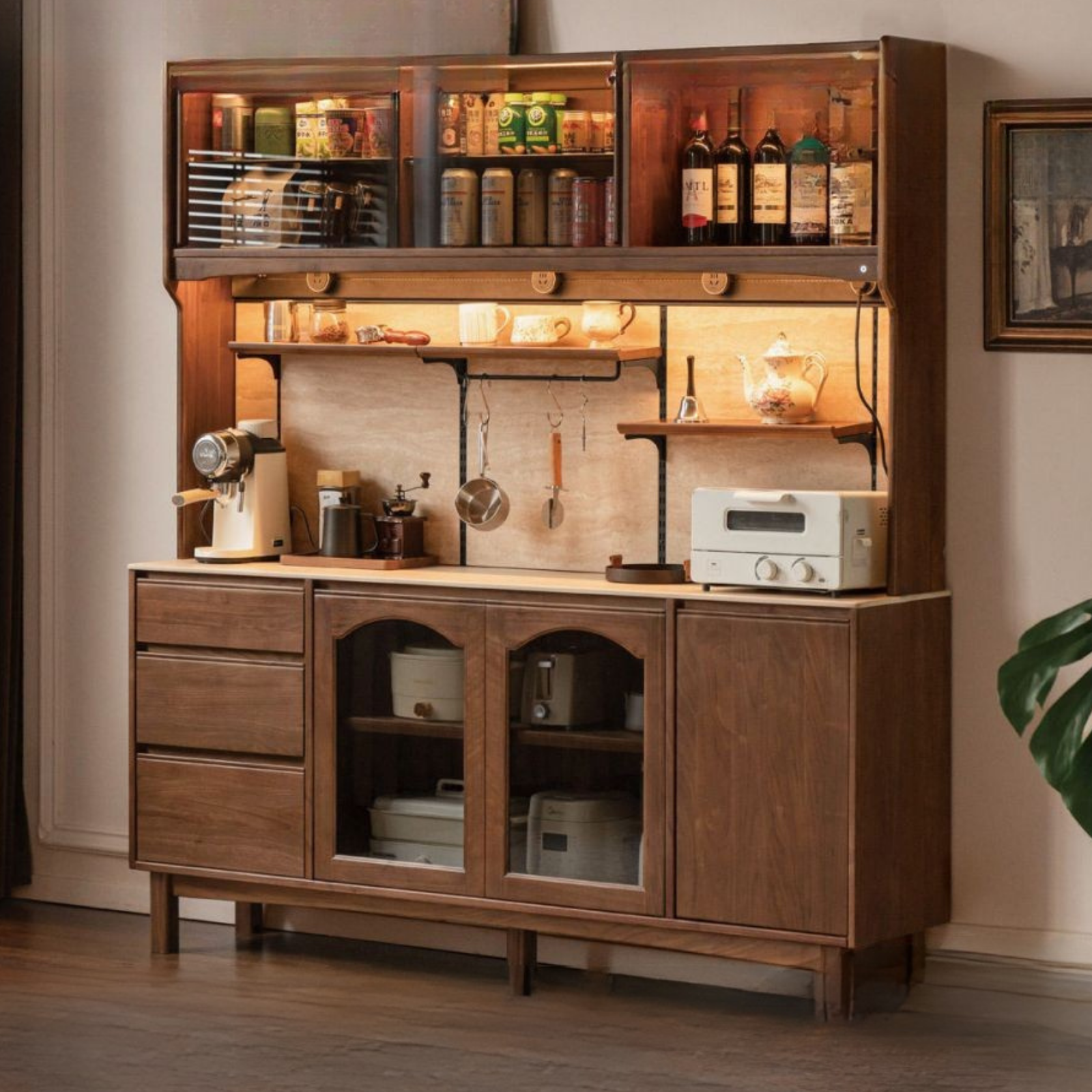 Black Walnut Solid Wood Buffet Cabinet with Retro Style and Rock Board Surface
