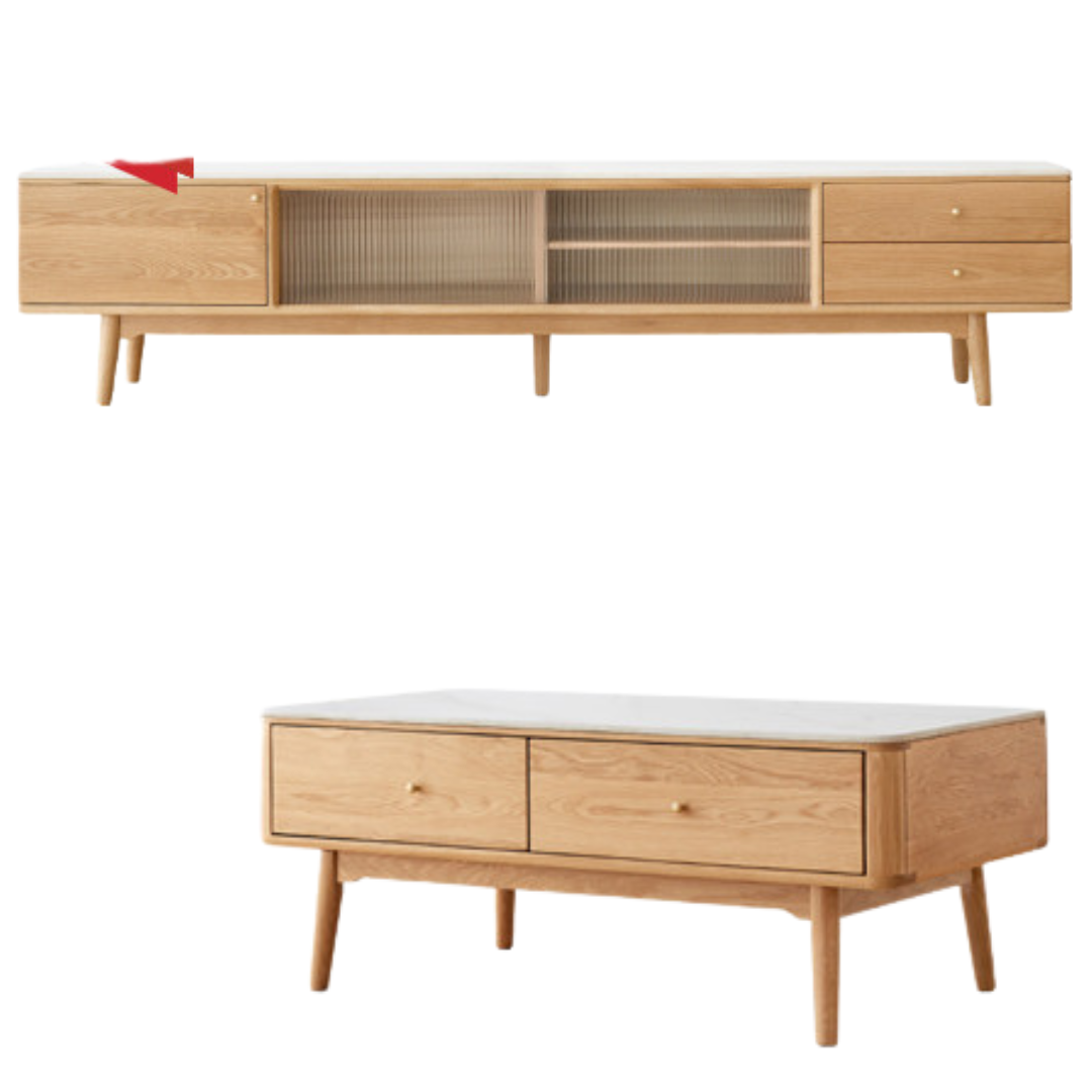 Oak, Poplar, Beech Solid Wood Sliding Door TV Stand With Rock Slab Surface.