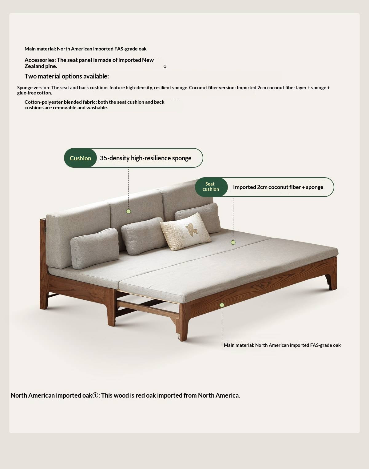 Oak Solid Wood Pull-Out Sofa Bed with Extended Sleeping Platform