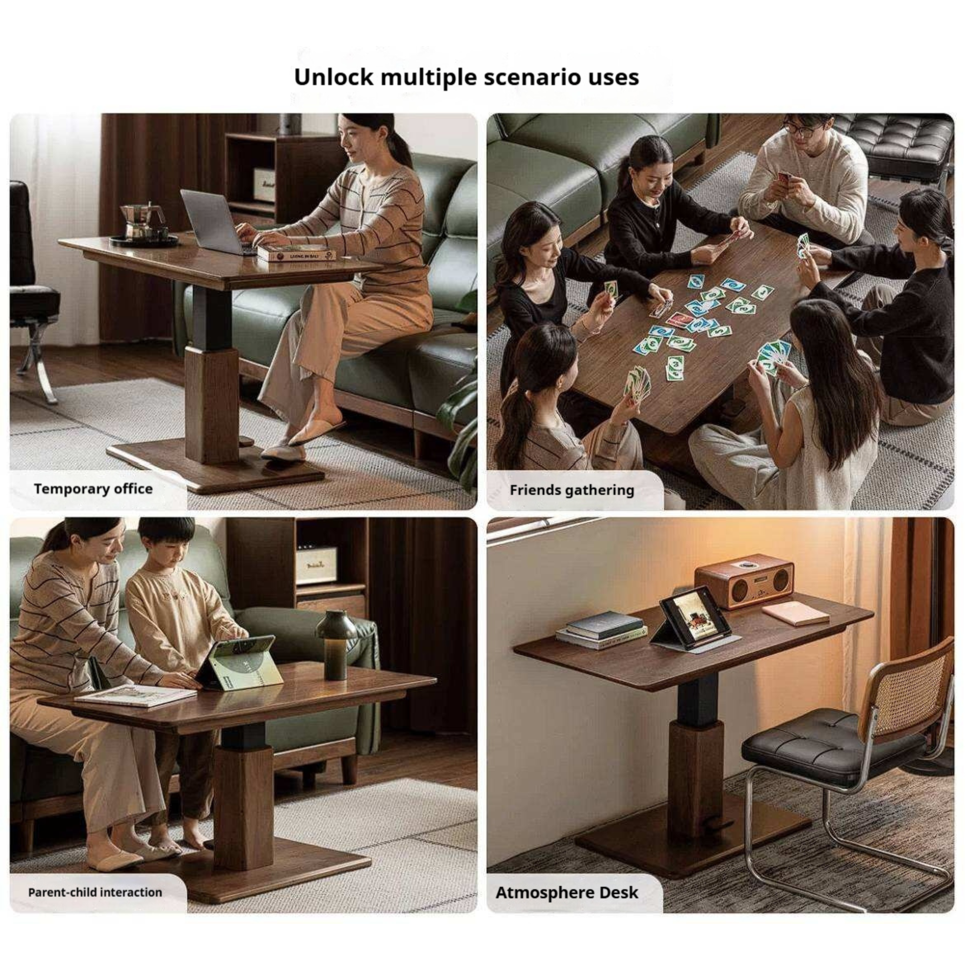 Black Walnut, Oak, Ash, Cherry Wood, Golden Sandalwood Solid Wood Adjustable Height Coffee Table