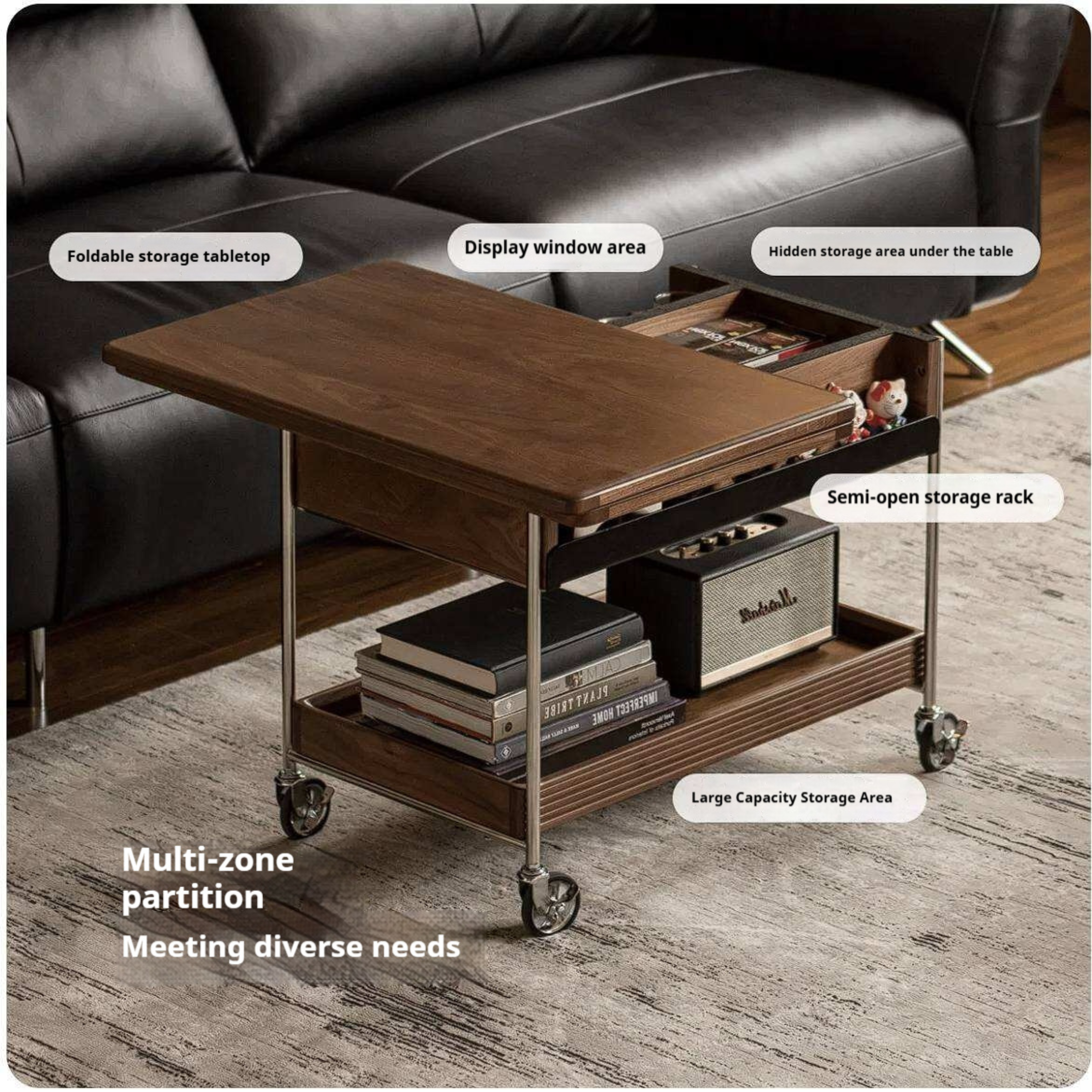 Black Walnut Solid Wood Foldable Coffee Table with Modern Living Room Design