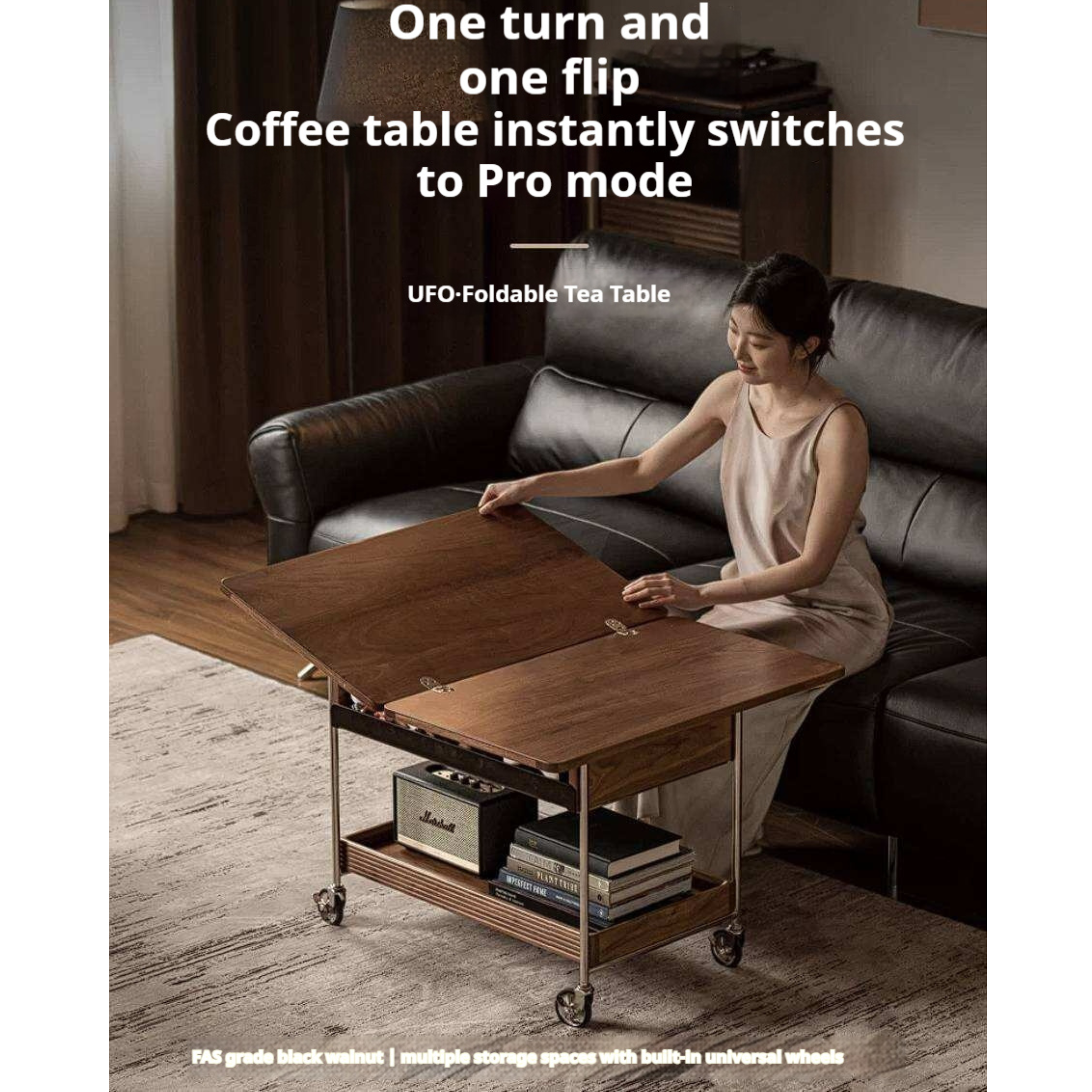 Black Walnut Solid Wood Foldable Coffee Table with Modern Living Room Design