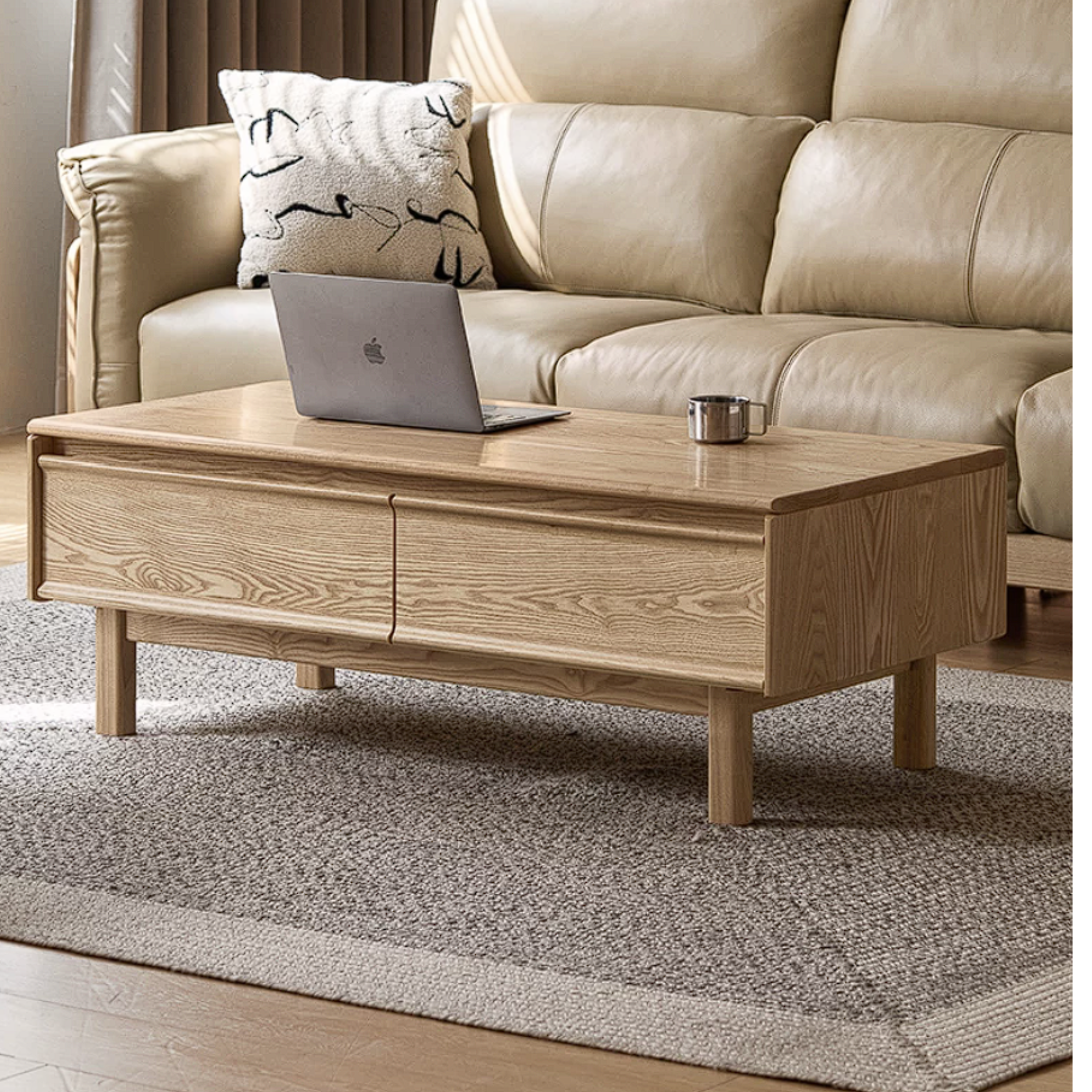Ash Solid Wood Coffee Table with Beveled Edge, Two Drawers, Tapered Legs