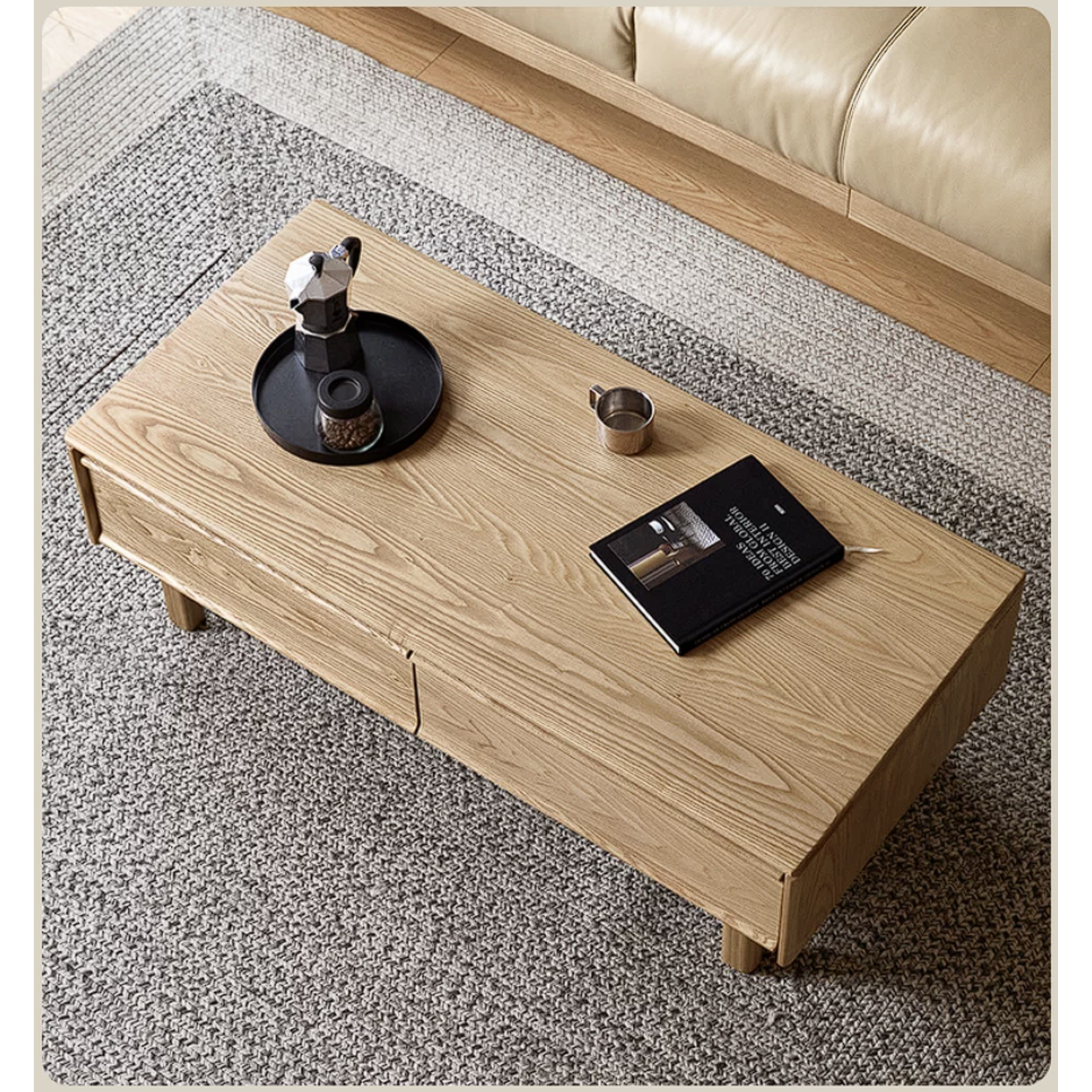 Ash Solid Wood Coffee Table with Beveled Edge, Two Drawers, Tapered Legs