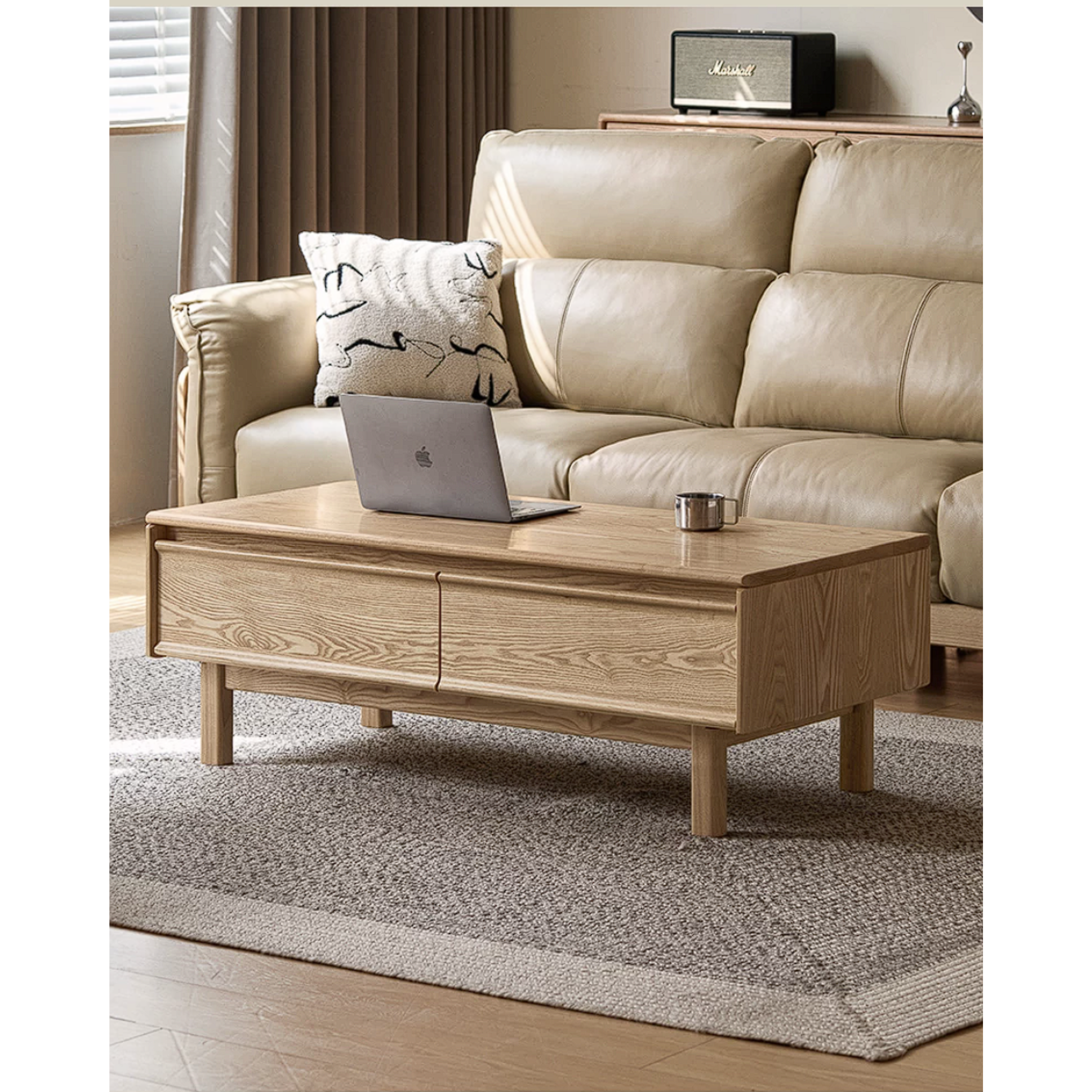 Ash Solid Wood Coffee Table with Beveled Edge, Two Drawers, Tapered Legs