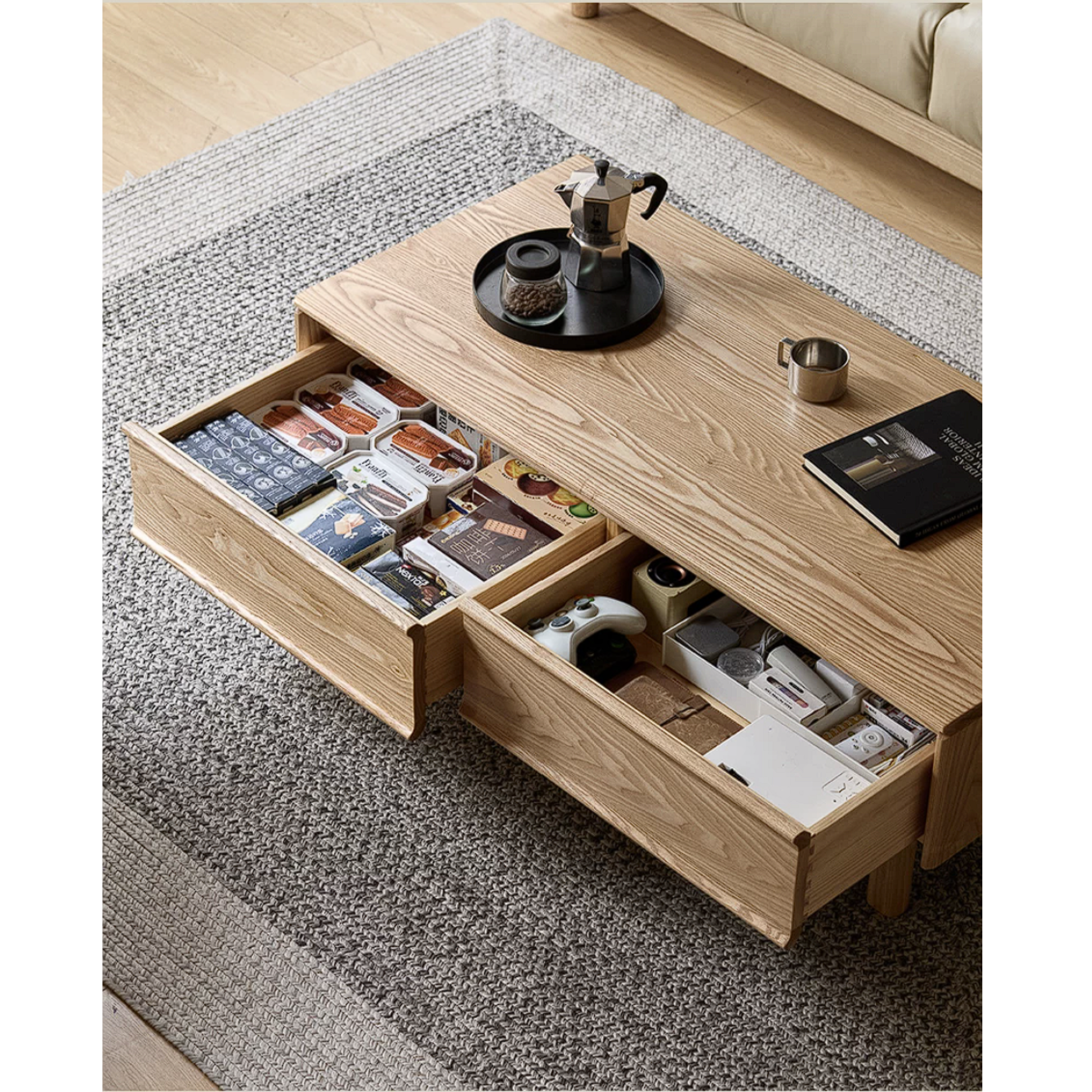 Ash Solid Wood Coffee Table with Beveled Edge, Two Drawers, Tapered Legs