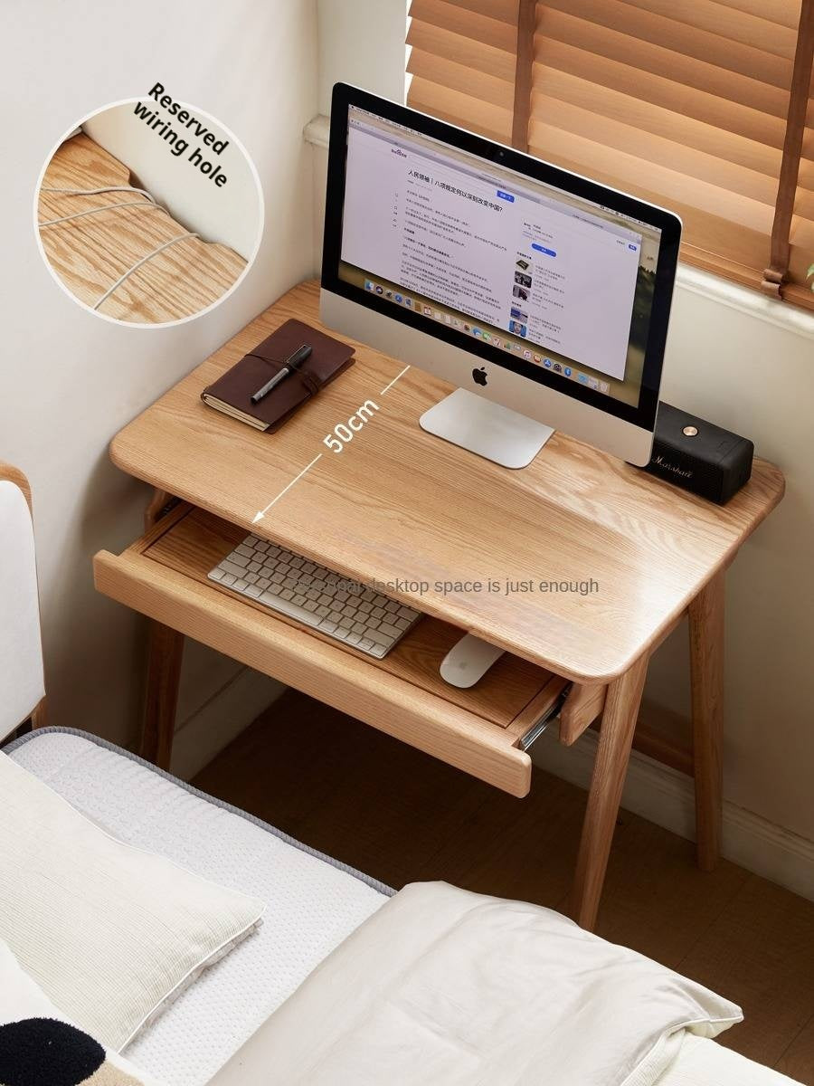 Oak, Solid Rubberwood Narrow Study Desk with Drawers