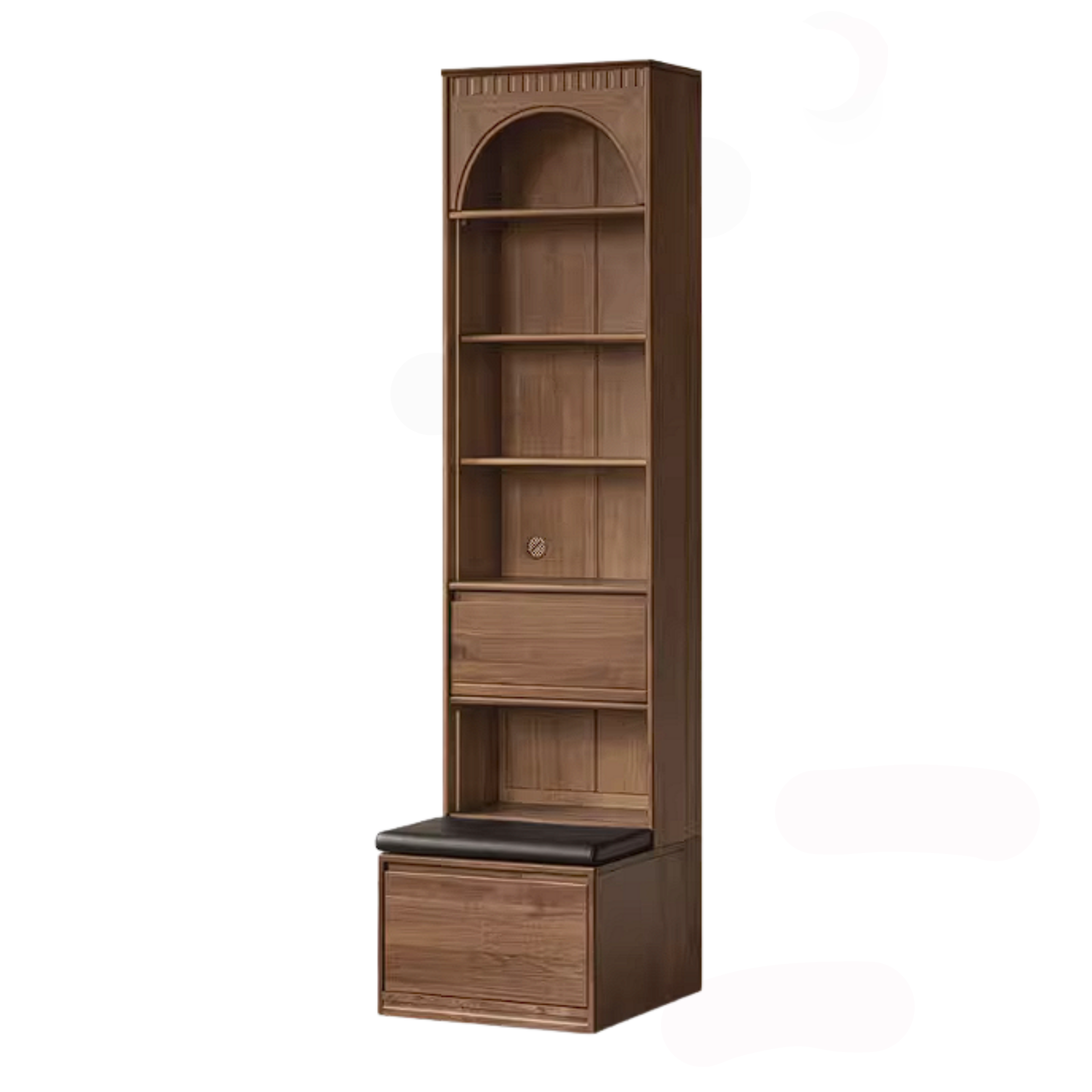 Black Walnut Solid Wood Bookcase with Booth Seating and Display Cabinet