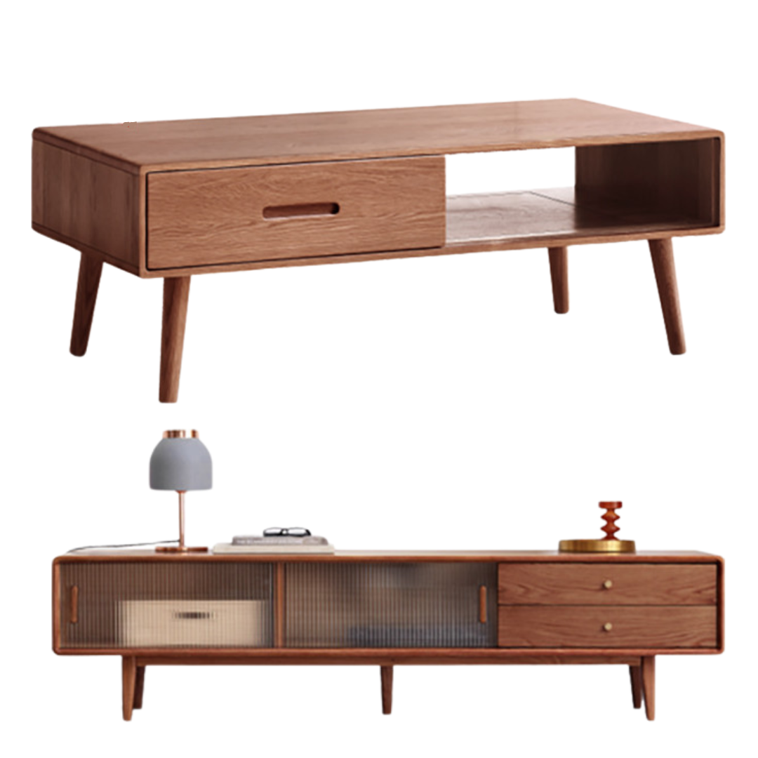 Oak, Solid Rubberwood Two-Drawer Coffee Table Walnut Color