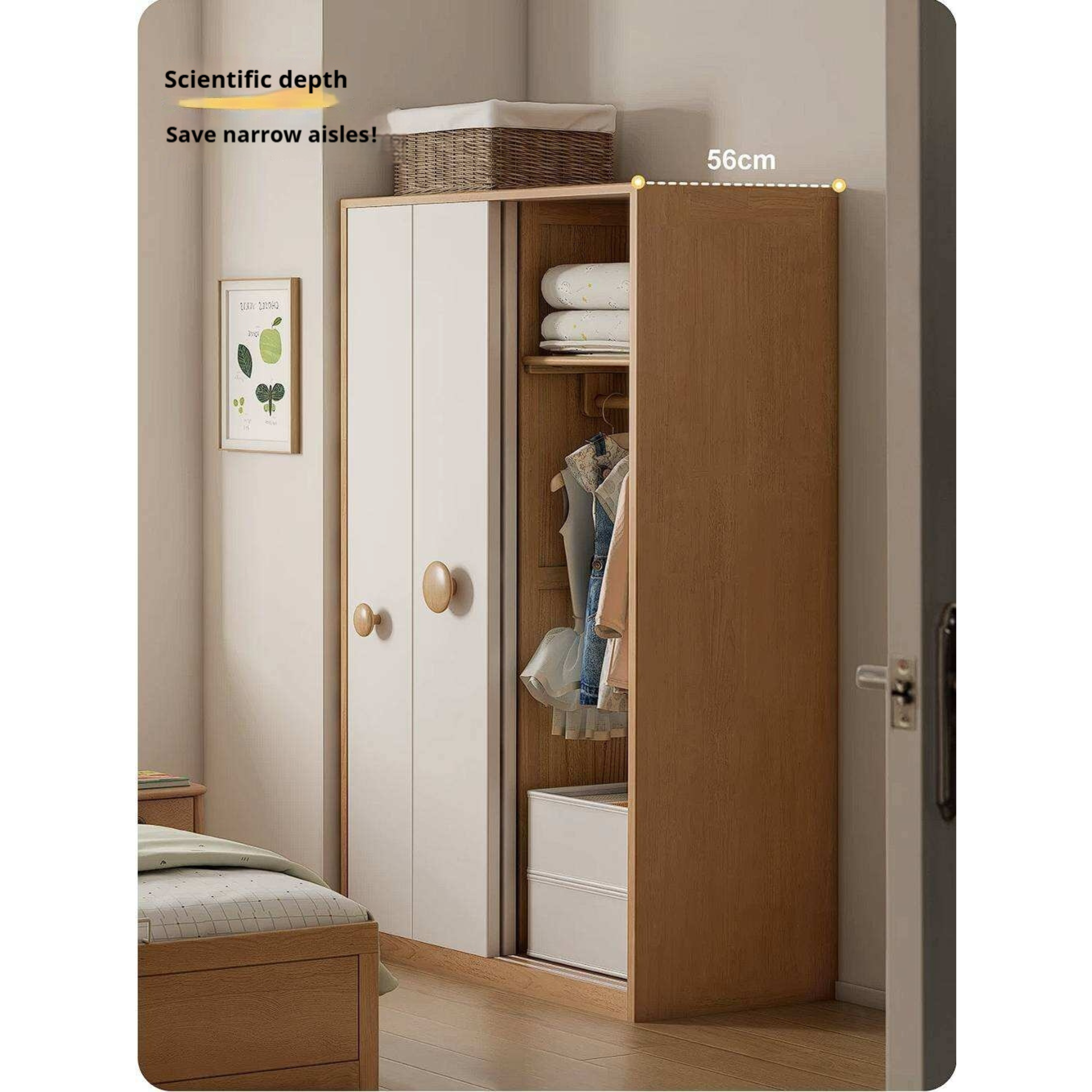 Oak, Solid Rubberwood Kids Sliding Door Wardrobe
