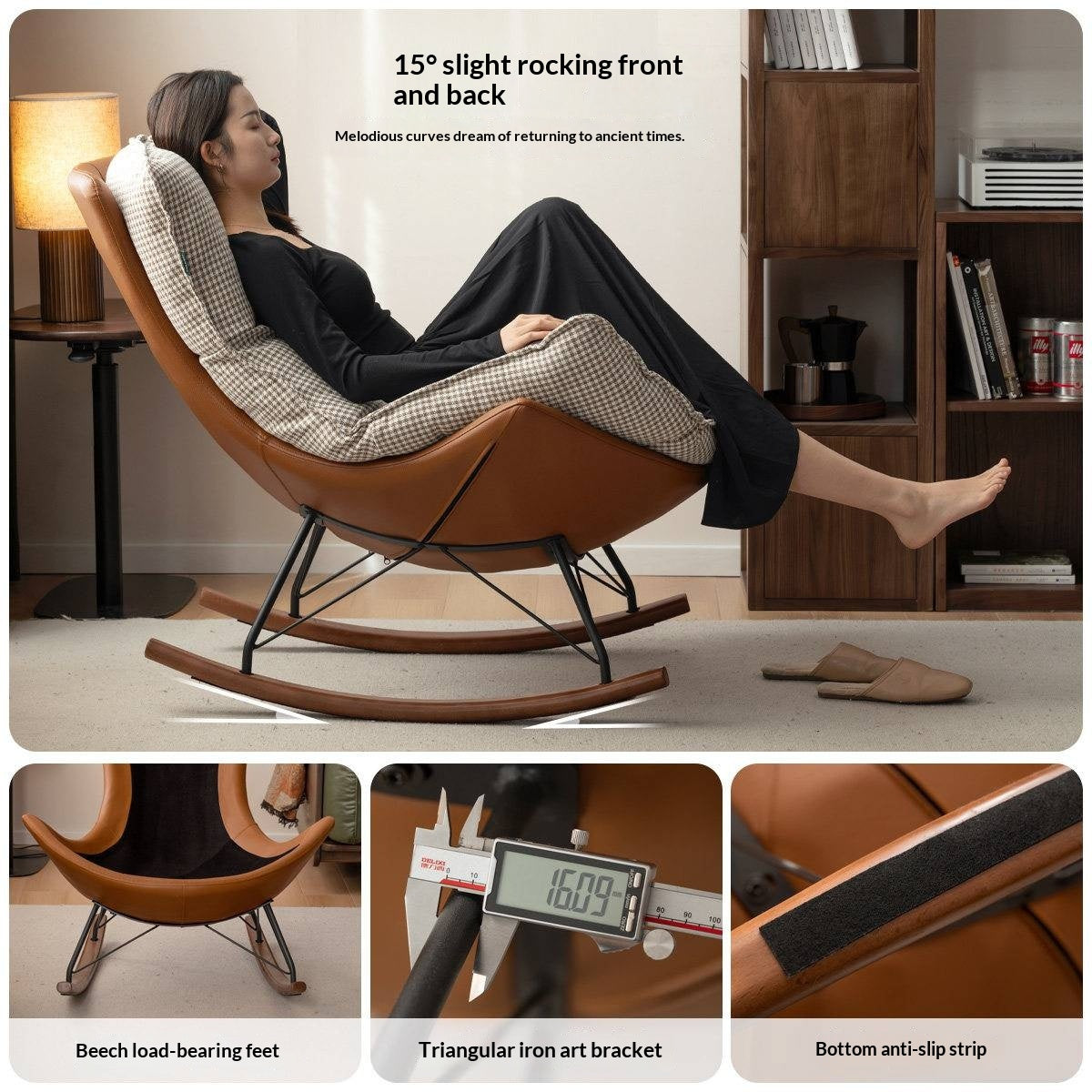 Beech Solid Wood Mid-Century Rocking Accent Chair with Houndstooth Cushion