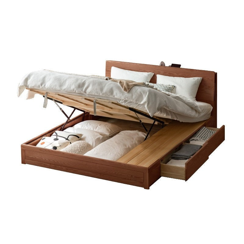 Oak, Rubberwood Solid Wood, Multifunctional Storage Box Bed