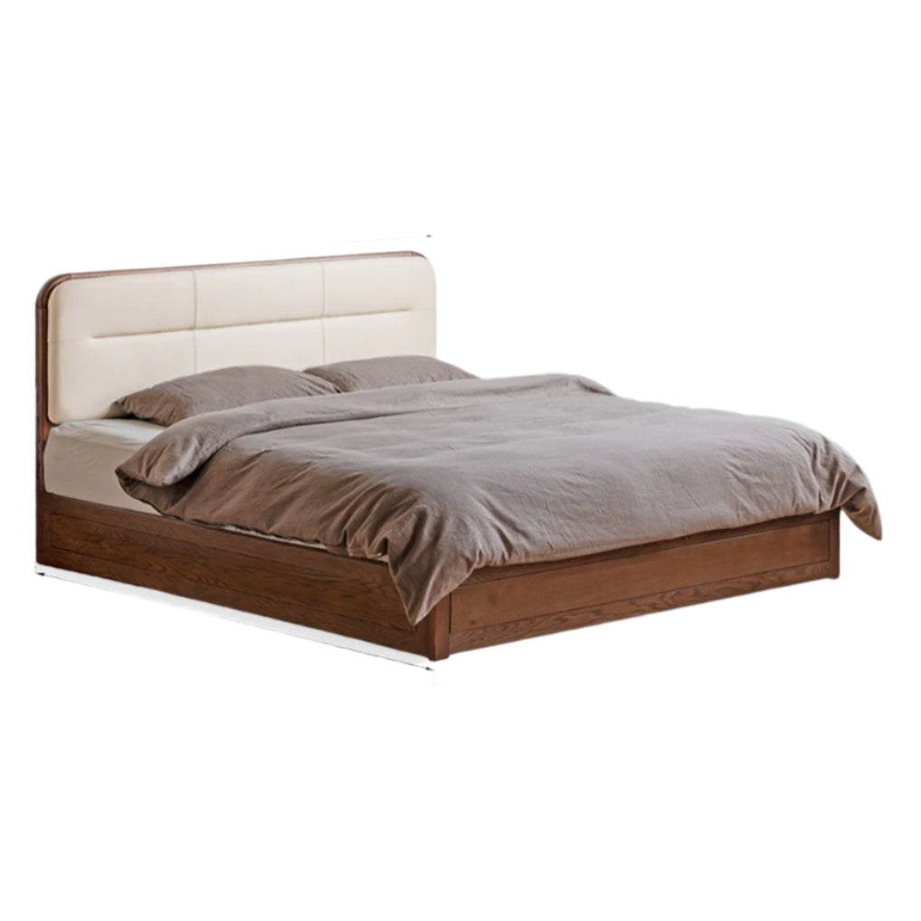 Oak Solid Wood Modern Genuine Leather, Organic Leather Storage Bed