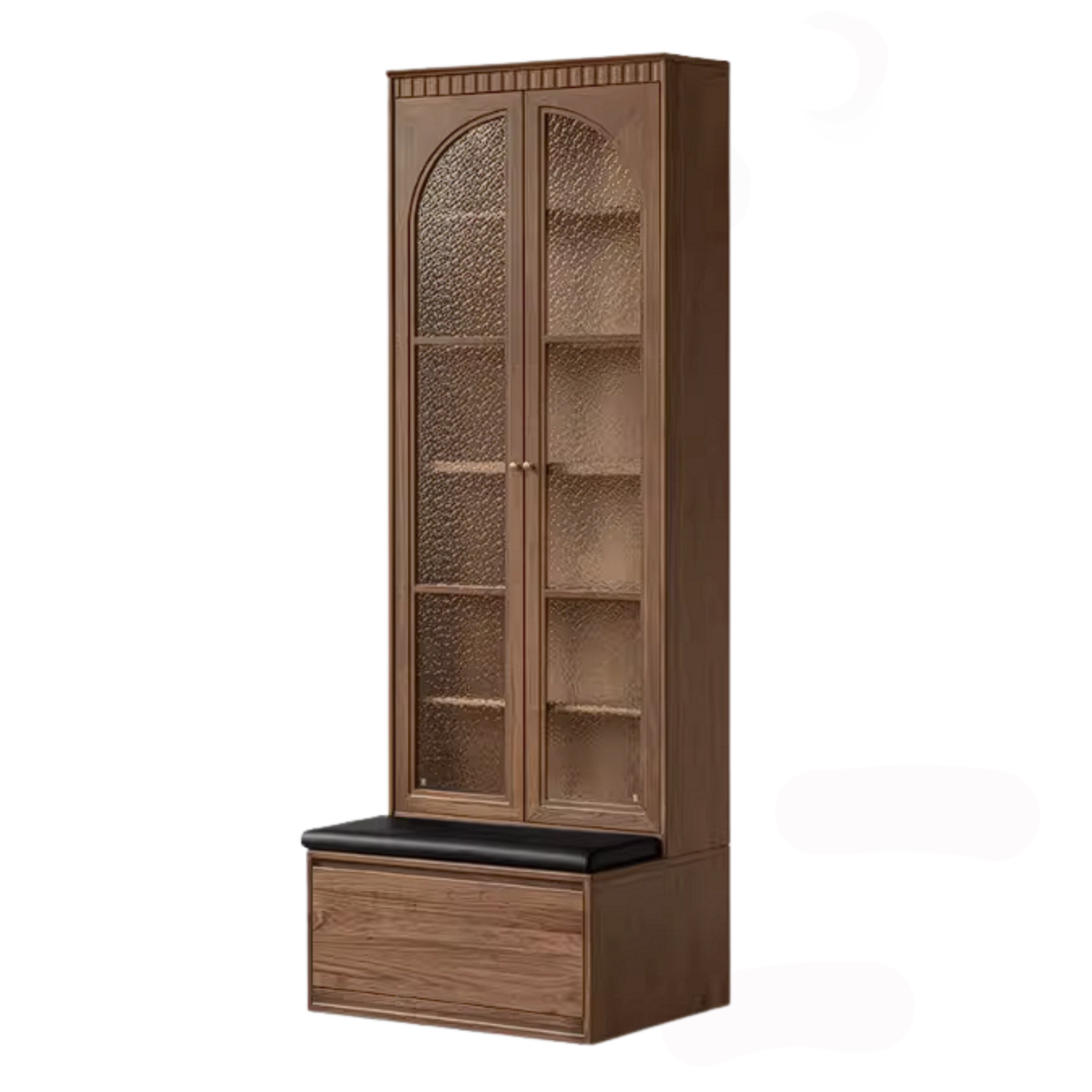 Black Walnut Solid Wood Bookcase with Booth Seating and Display Cabinet