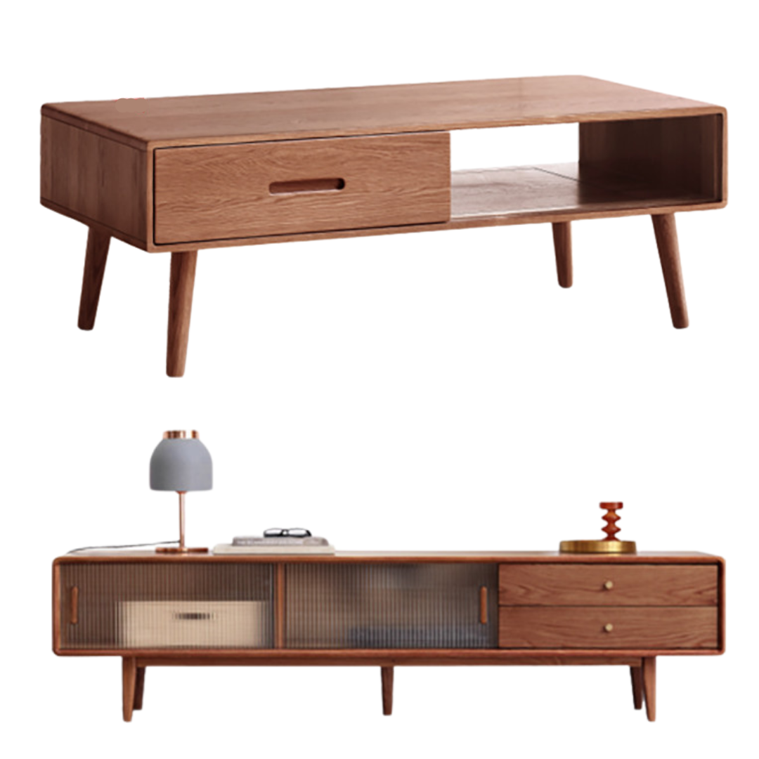 Oak, Solid Rubberwood Two-Drawer Coffee Table Walnut Color