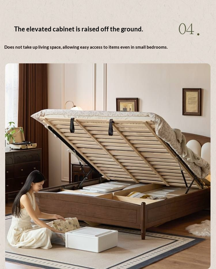 Black Walnut Solid Wood Box Bed — French Retro Style with Genuine Leather and Piano Key Design