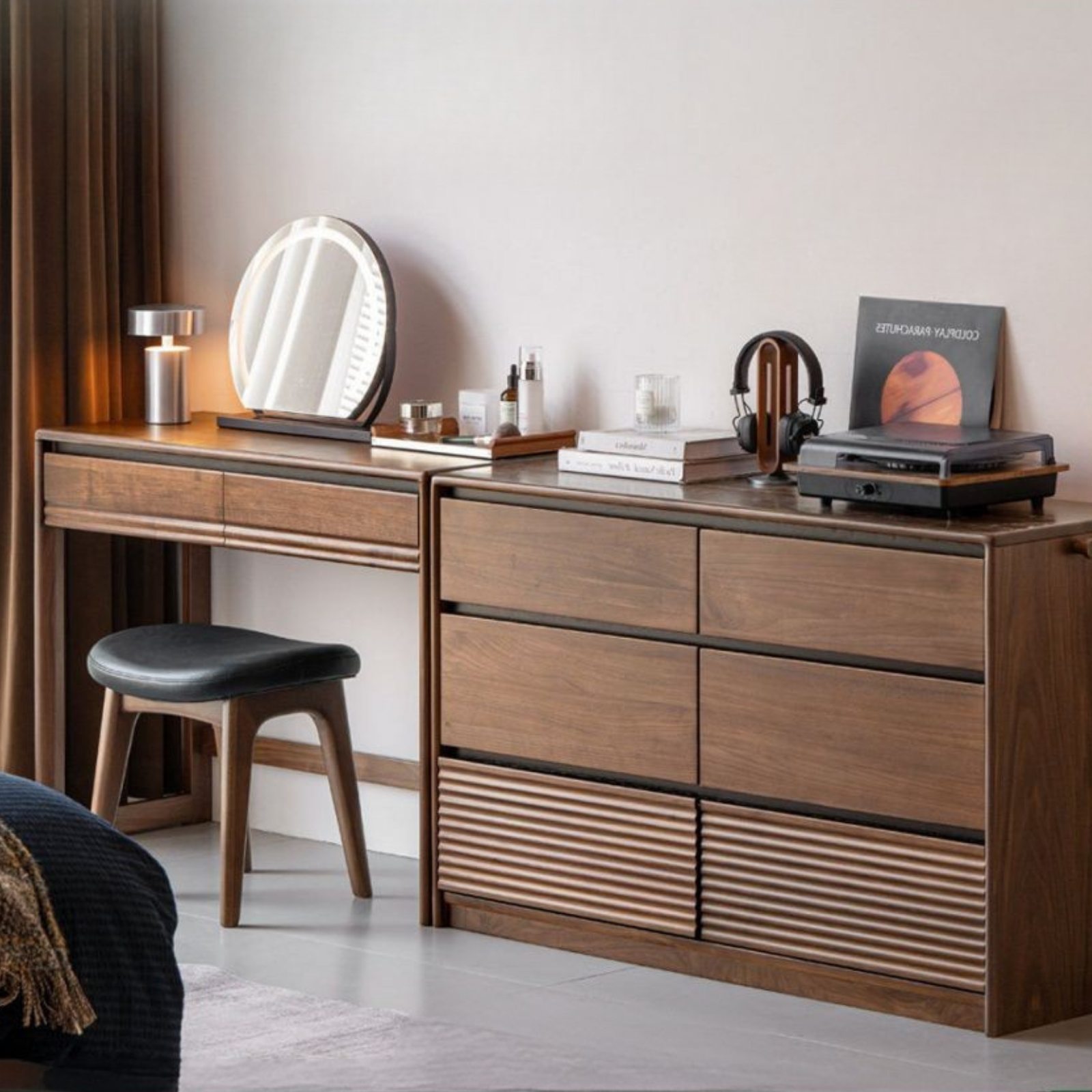 Black Walnut Solid Wood Vanity Desk and Dresser Combo, Italian Style Black Walnut Solid Wood Vanity Desk and Dresser Combo, Italian Style
