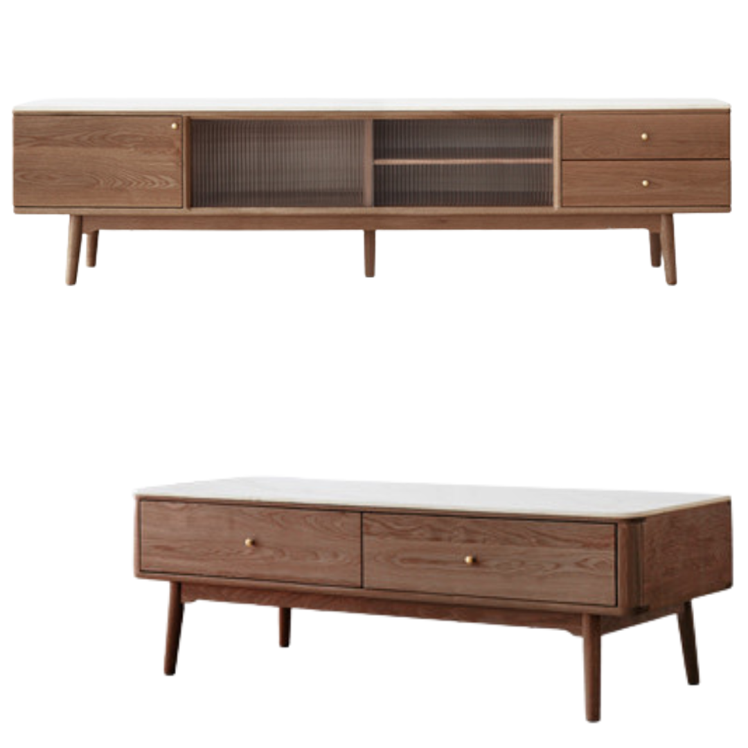 Oak, Poplar, Beech Solid Wood Sliding Door TV Stand With Rock Slab Surface.