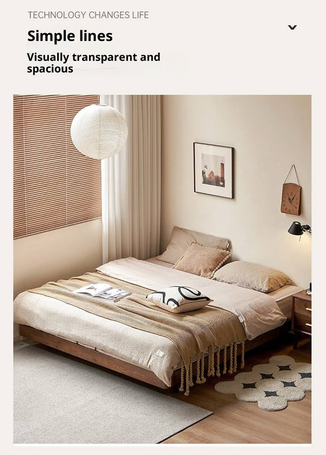 Black Walnut Solid Wood Platform Bed, Headboard-Free Bed