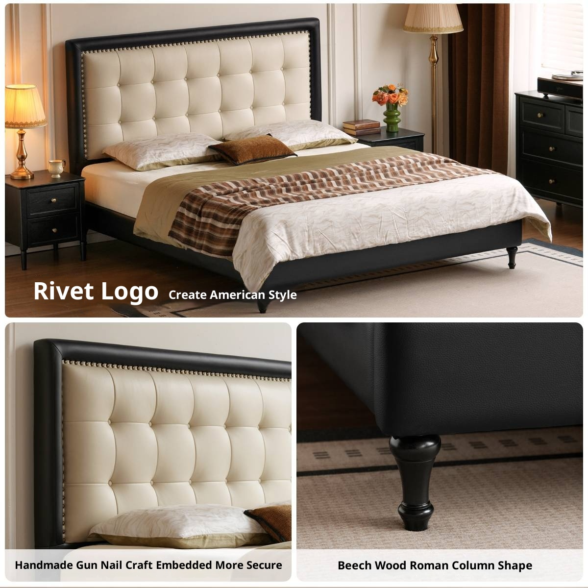 Luxury Genuine Leather Soft Headboard Bed, American Style Riveted Bed