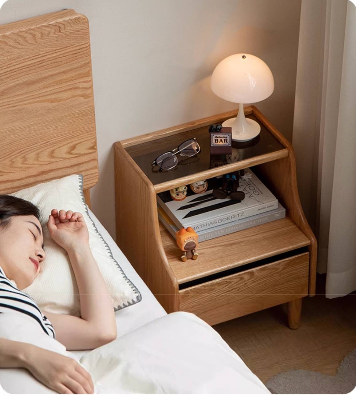 Solid RubberWood, Oak Solid Wood Nightstand with Glass Door with Storage