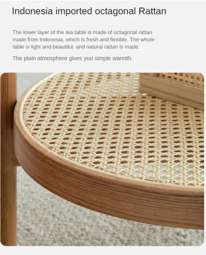 Oak Solid Wood, Glass, Rattan Coffee Table