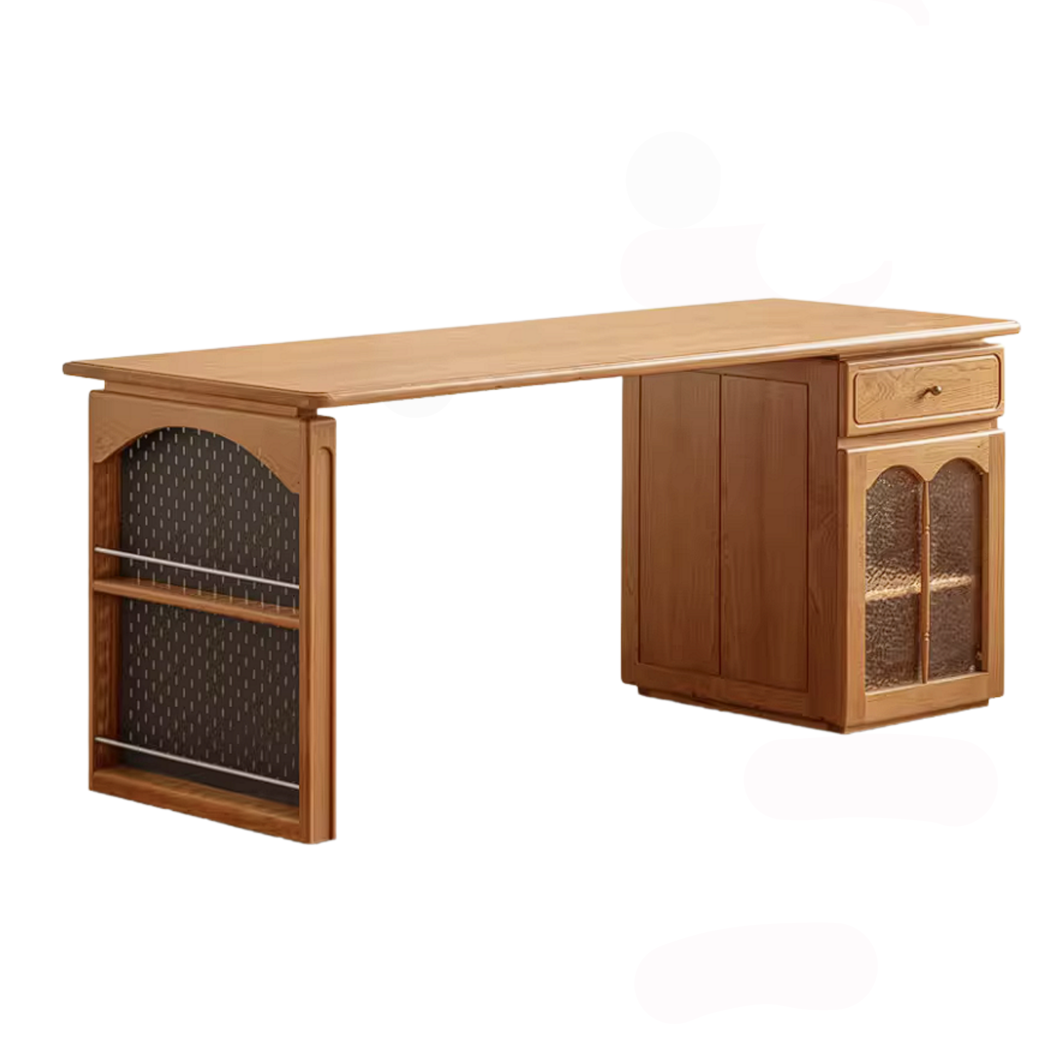 Cherry Solid Wood French Country Writing Desk with Bookshelf Hutch and Cane Door Cabinet