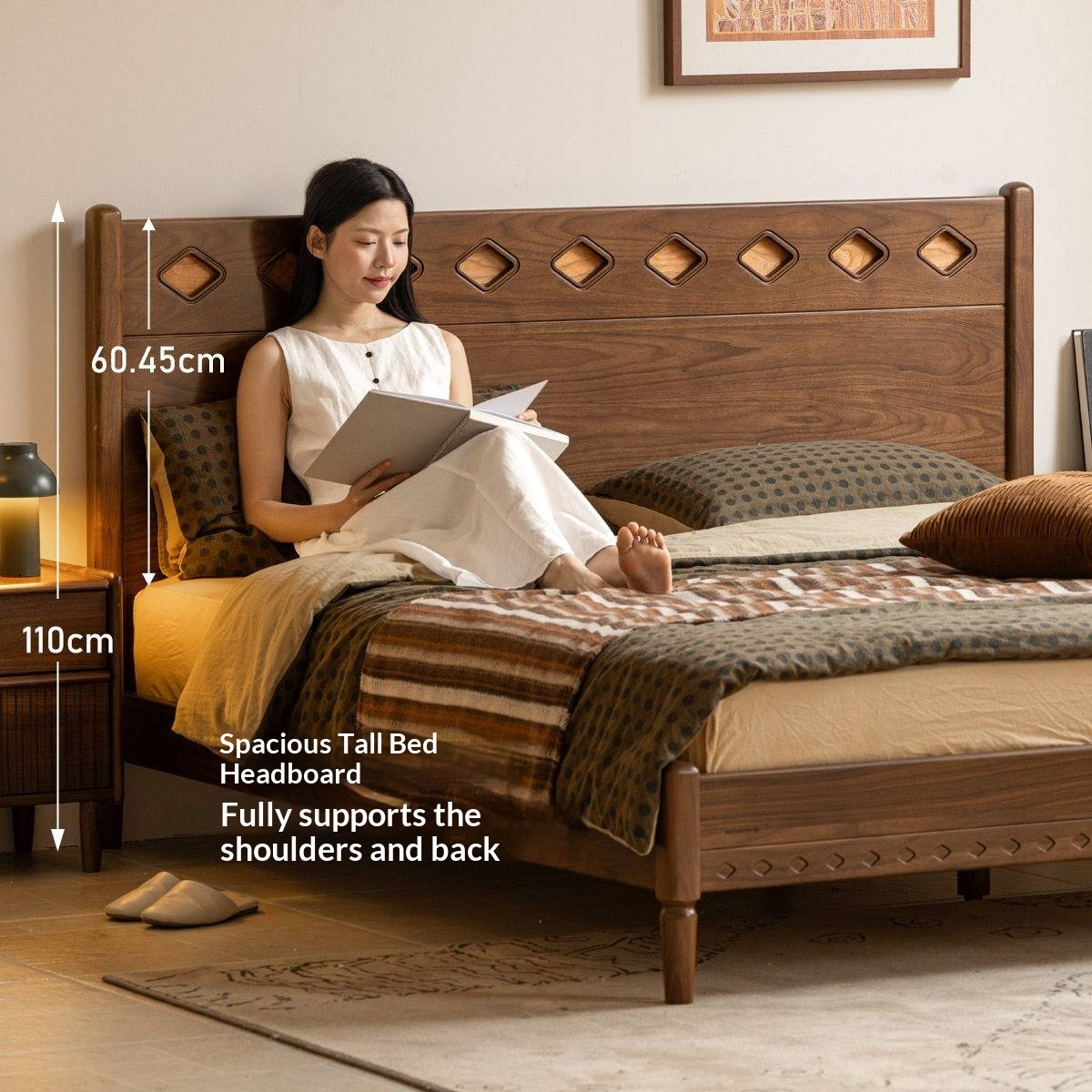 Black Walnut Solid Wood Mid-Century Classic Bed with Cherry Accent Headboard