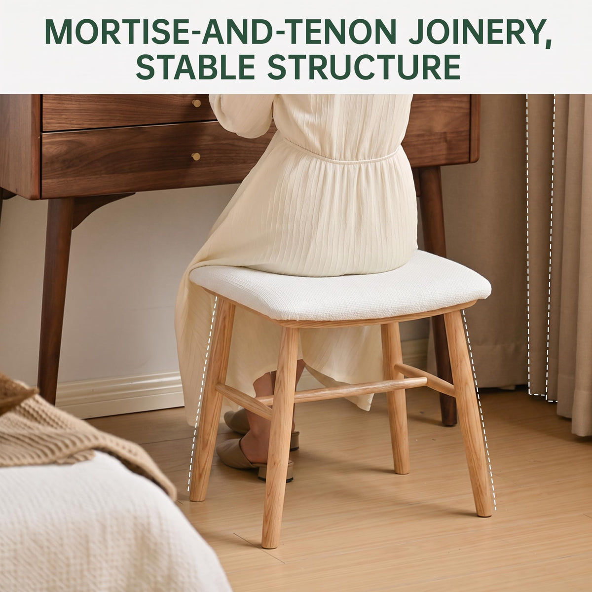 Black Walnut, Oak Solid Wood Vanity Stool with Curved Seat