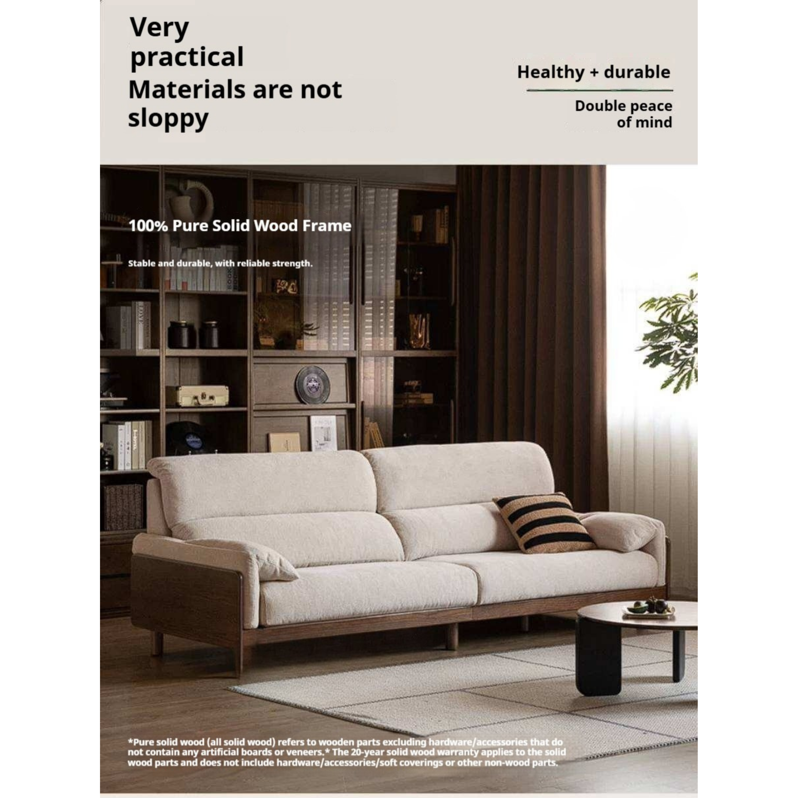 Ash Solid Wood Linen Sofa with Exposed Wood Base