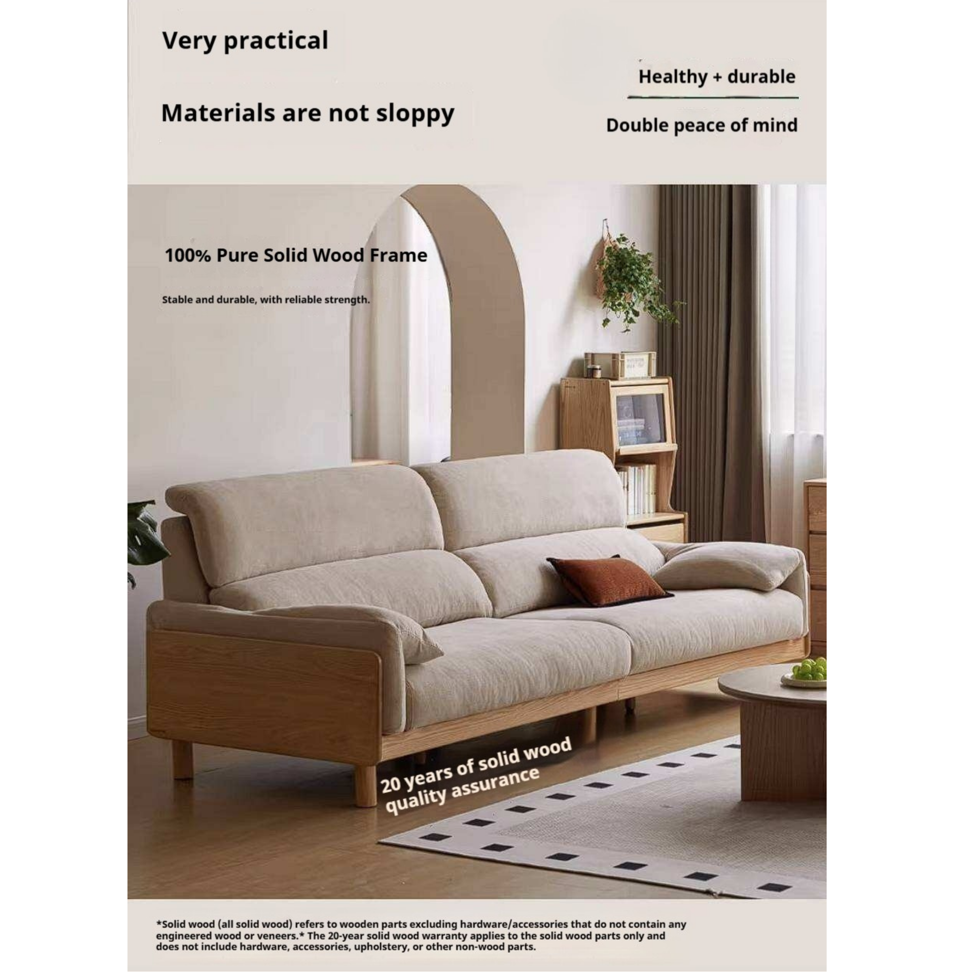 Oak, Ash Solid Wood Linen Sofa with Exposed Wood Base