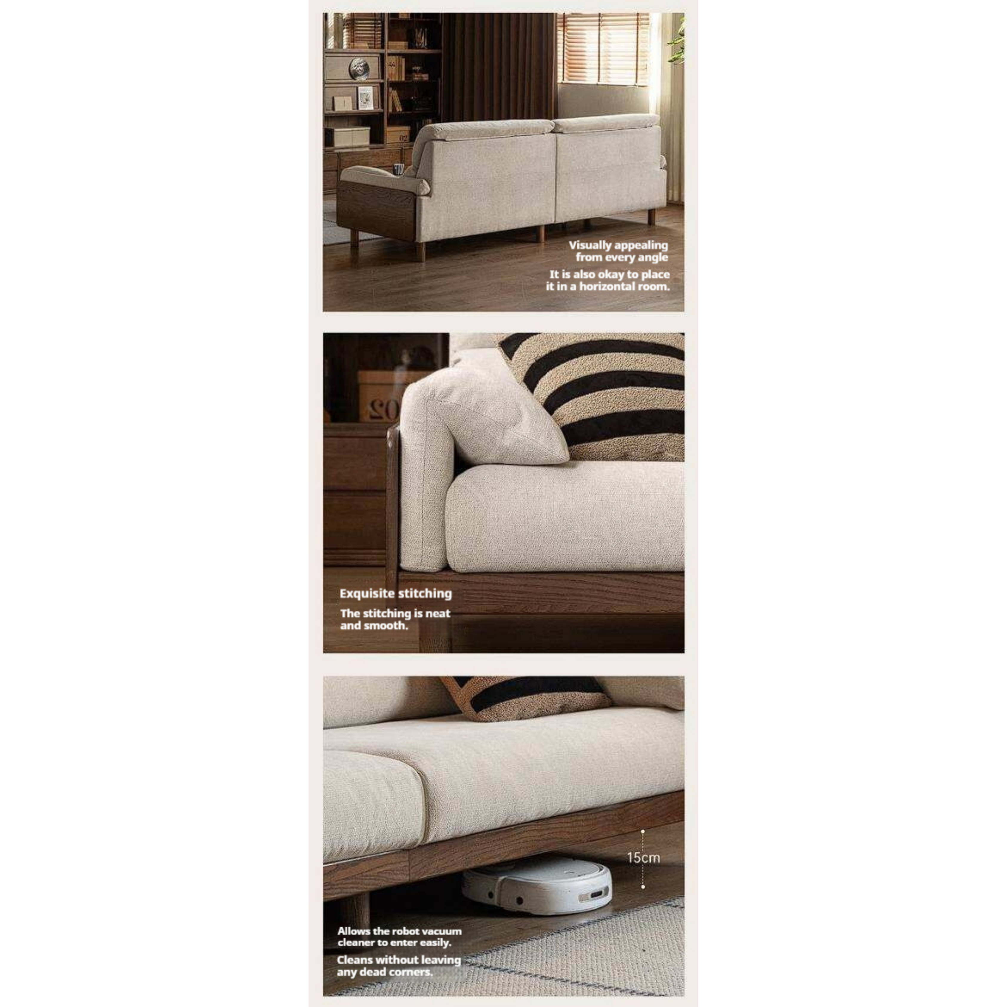 Ash Solid Wood Linen Sofa with Exposed Wood Base