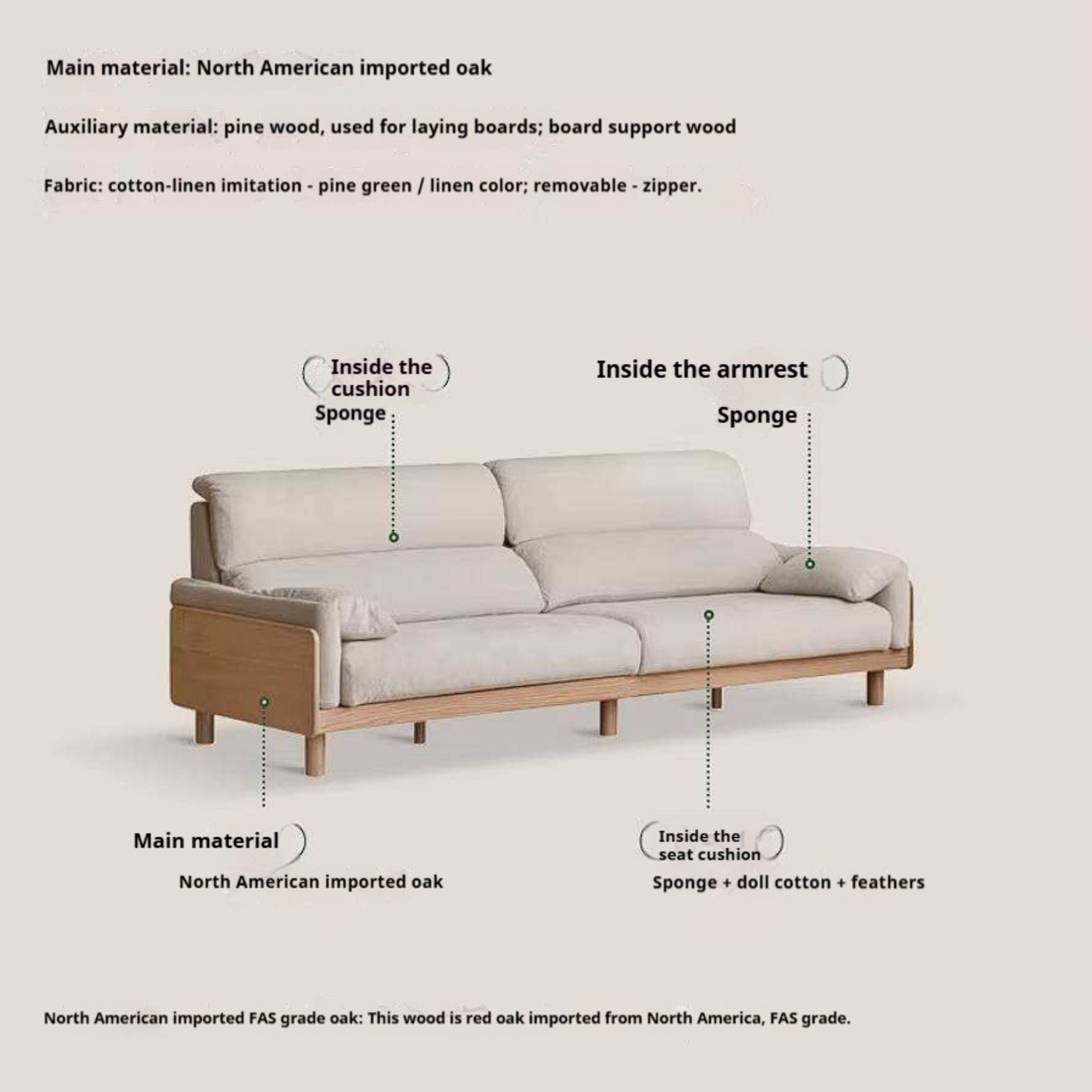 Oak, Ash Solid Wood Linen Sofa with Exposed Wood Base